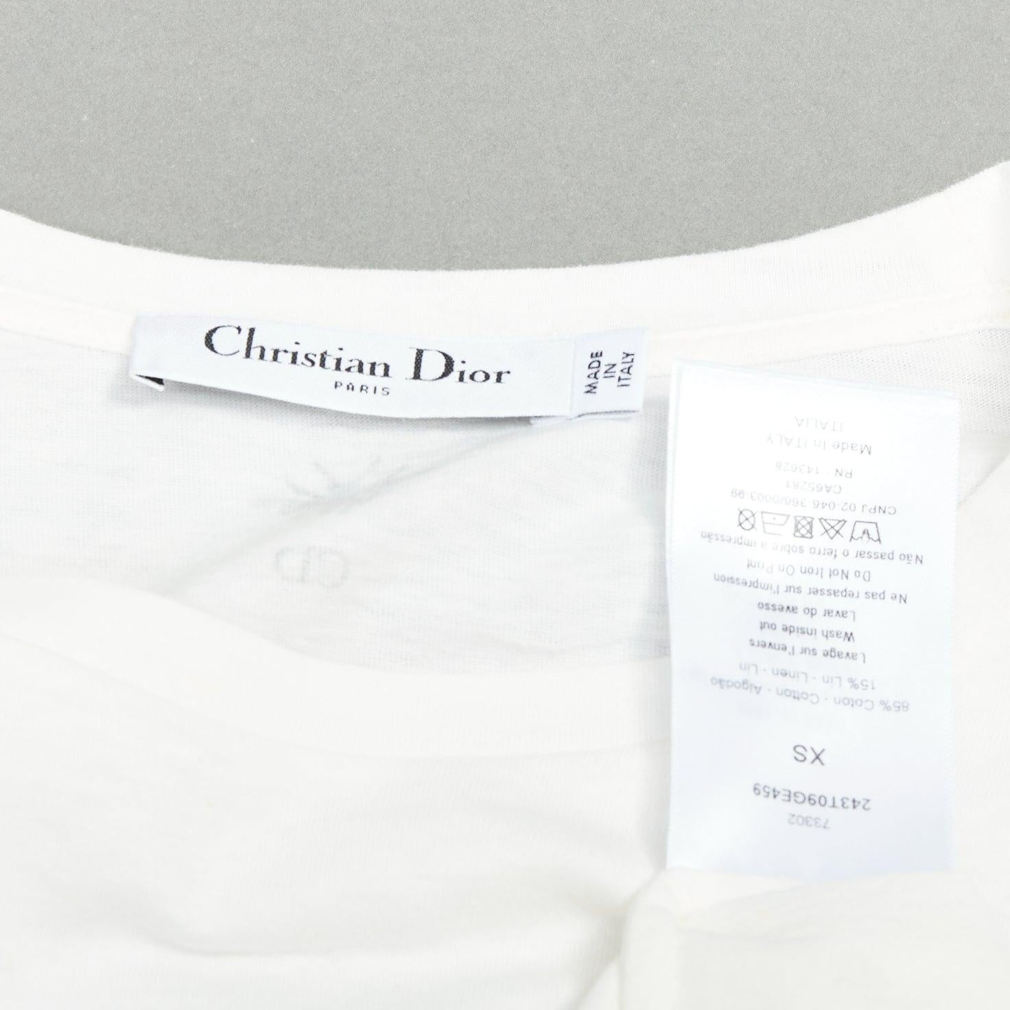 DIOR navy double bird astrology print white cotton linen short sleeve tshirt XS For Sale 3
