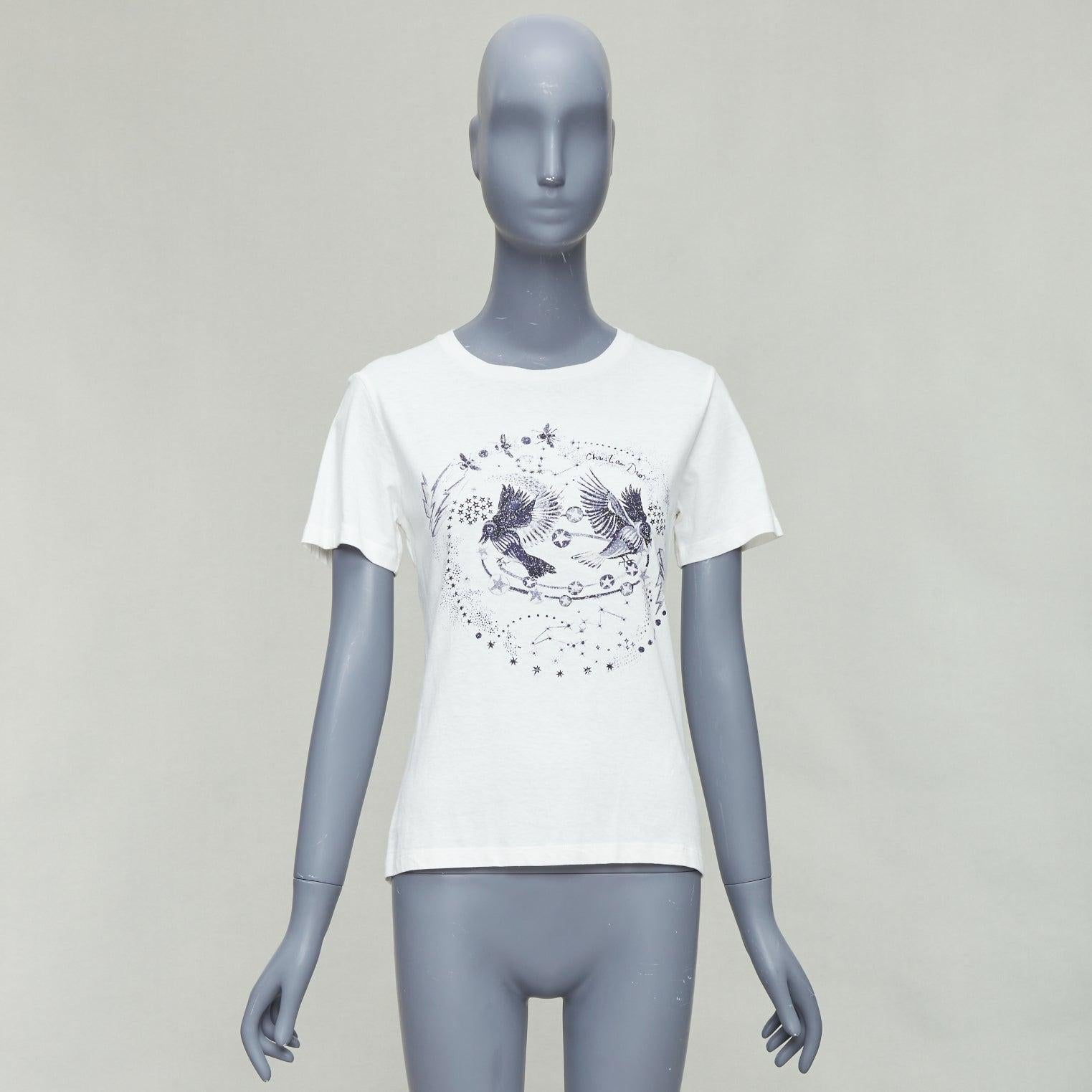 DIOR navy double bird astrology print white cotton linen short sleeve tshirt XS For Sale 4
