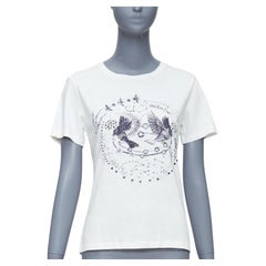 DIOR navy double bird astrology print white cotton linen short sleeve tshirt XS