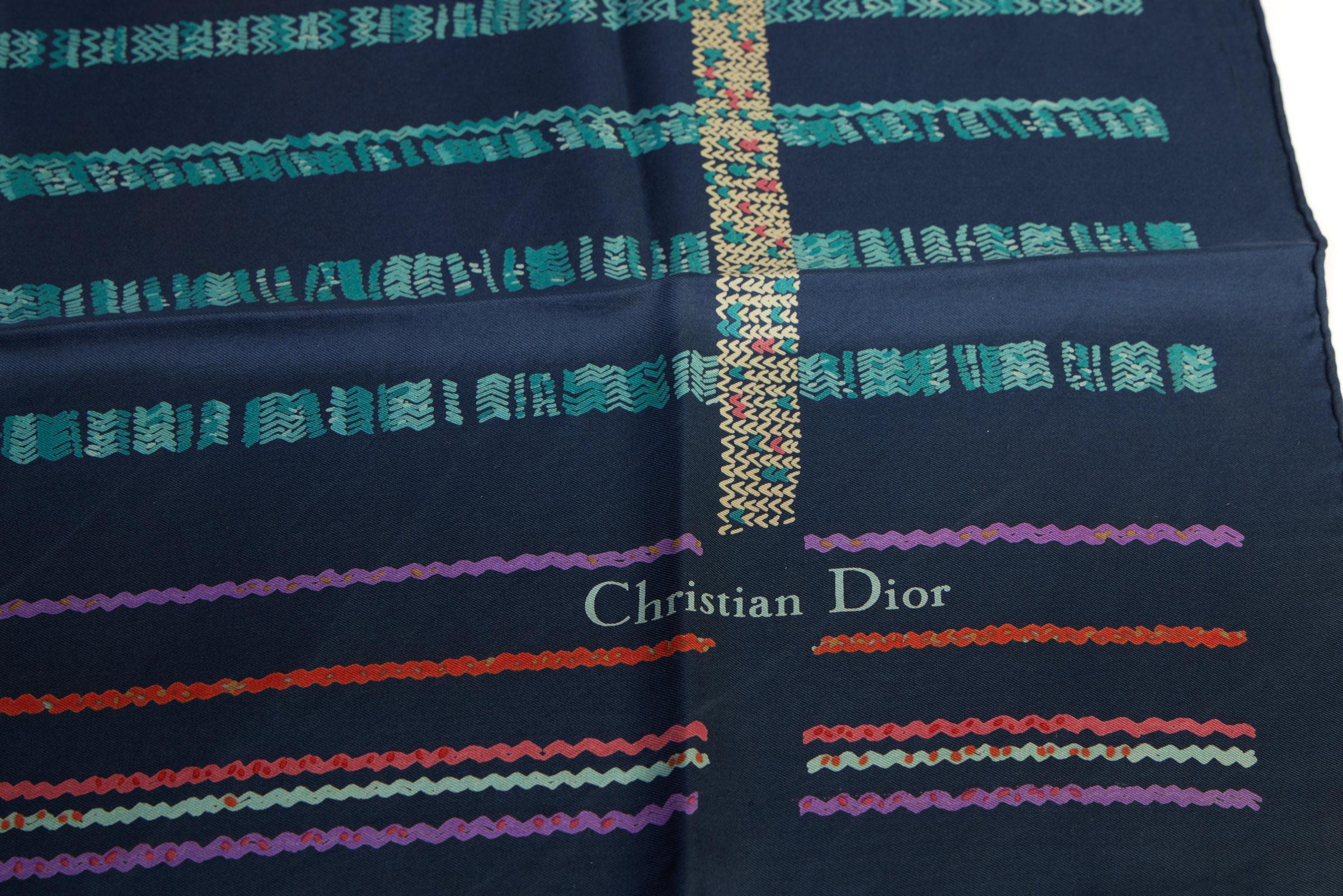Christian Dior Paris vintage navy silk scarf with geometric design. Hand rolled edges.