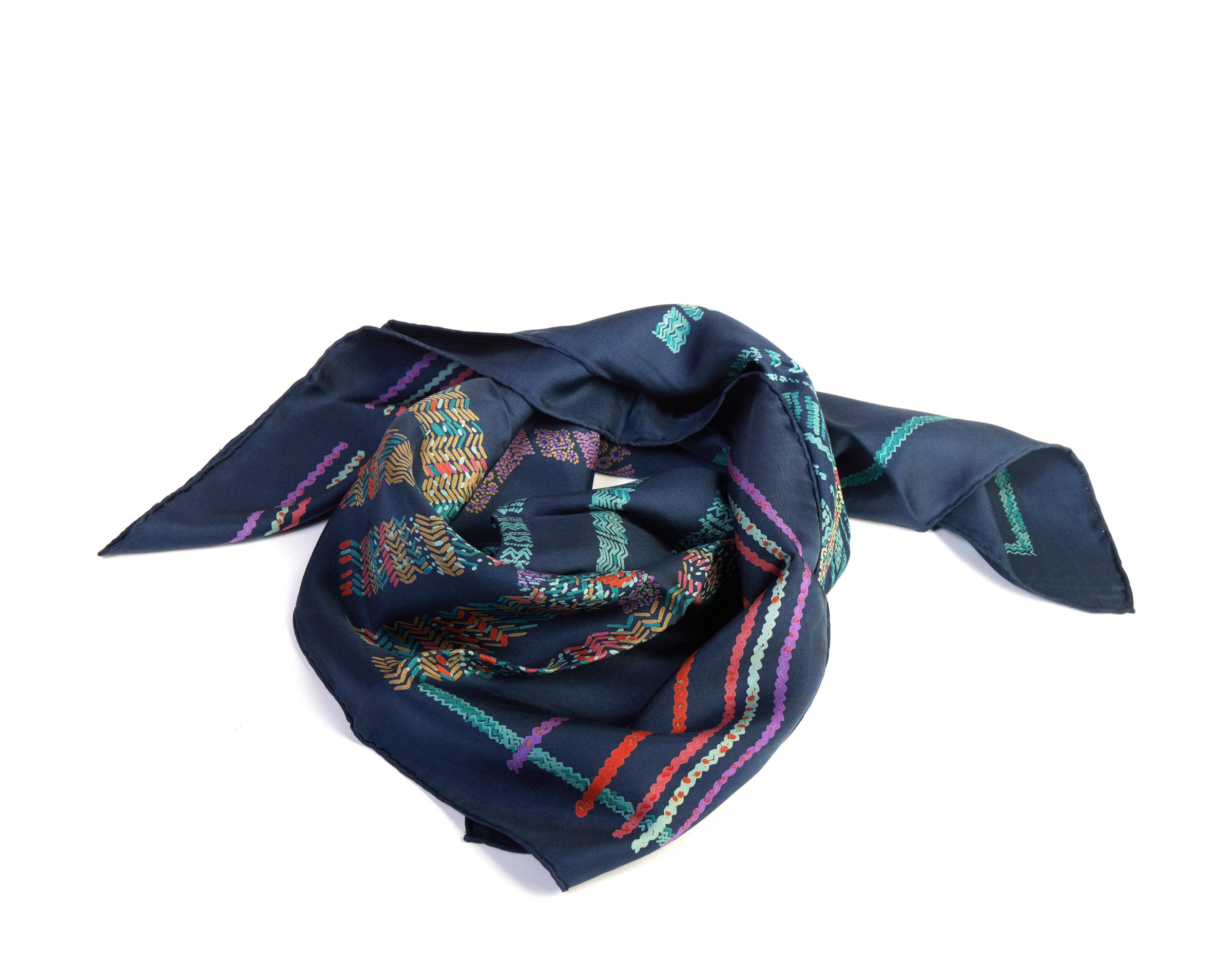Dior Navy Geometric Vintage Silk Scarf In Good Condition For Sale In West Hollywood, CA