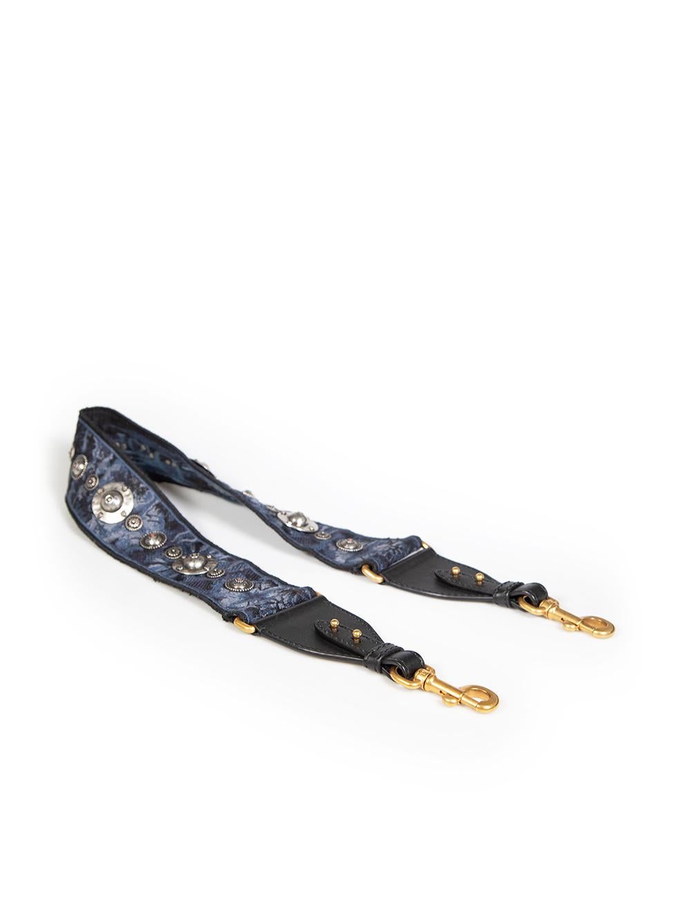 CONDITION is Very good. Minimal wear to strap is evident. Minor scratches on the clasps on this used Dior designer resale item.
 
 Details
 Navy
 Cloth textile
 Bag strap
 Jacquard floral pattern
 Black leather trim
 Clasp fastening
 Silver studded