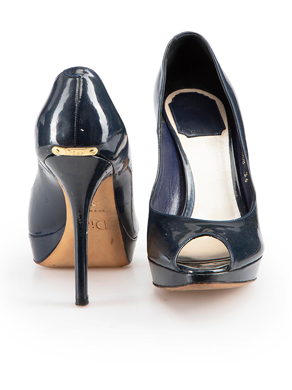 Dior Navy Patent Peep Toe Platform Heels Size IT 36 In Good Condition For Sale In London, GB