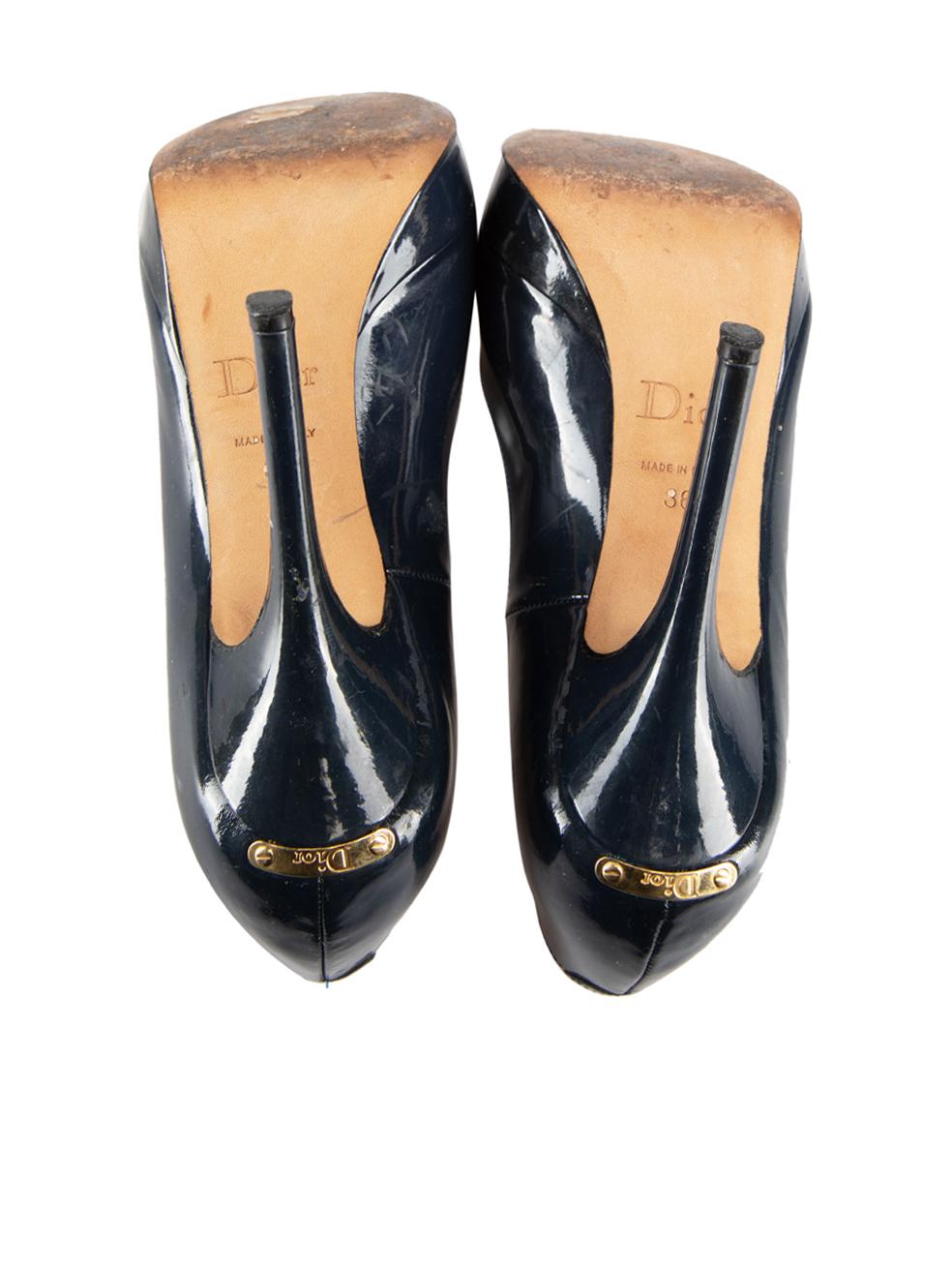Women's Dior Navy Patent Peep Toe Platform Heels Size IT 36 For Sale