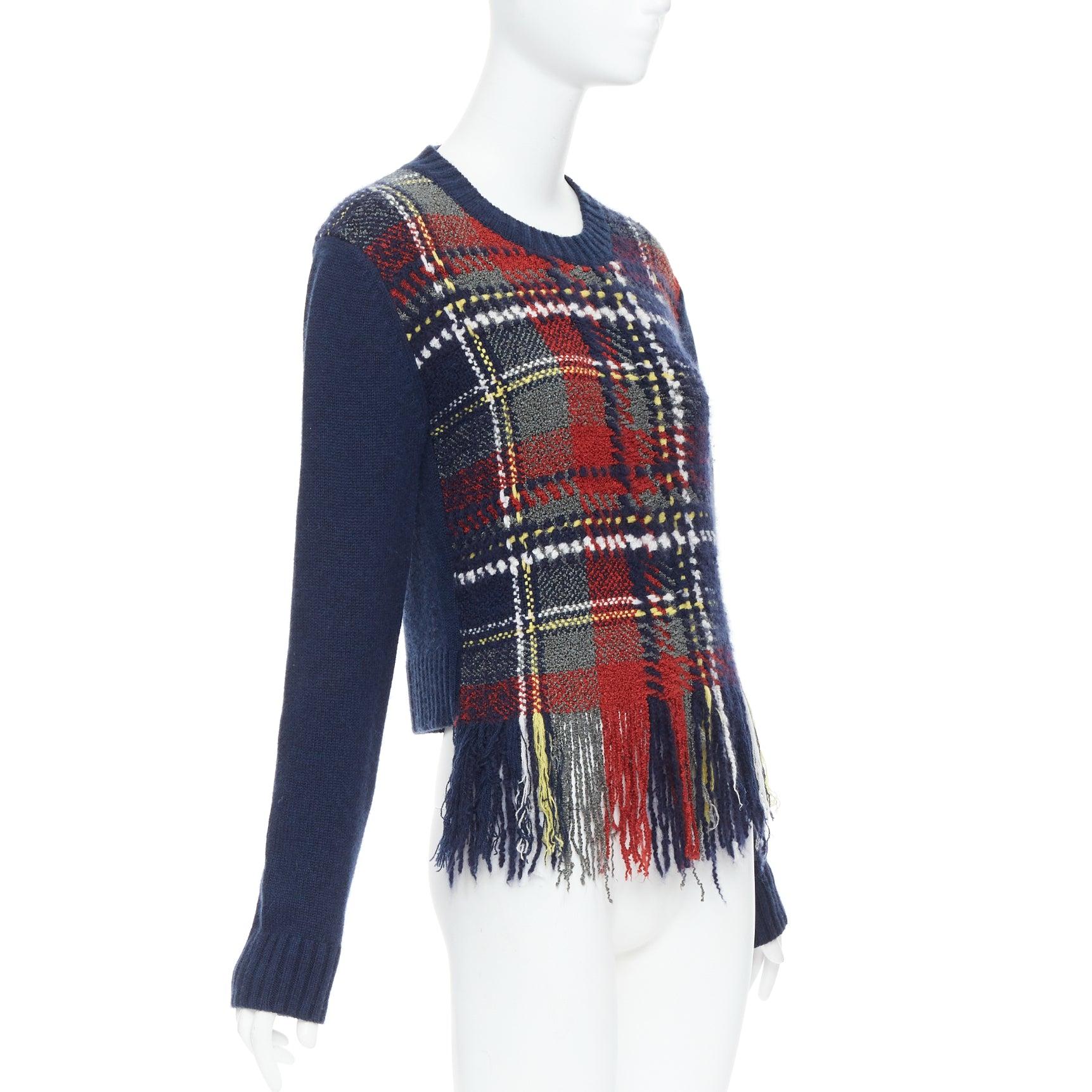 Black DIOR navy red plaid tartan cashmere silk fringe hem sweater FR36 S For Sale