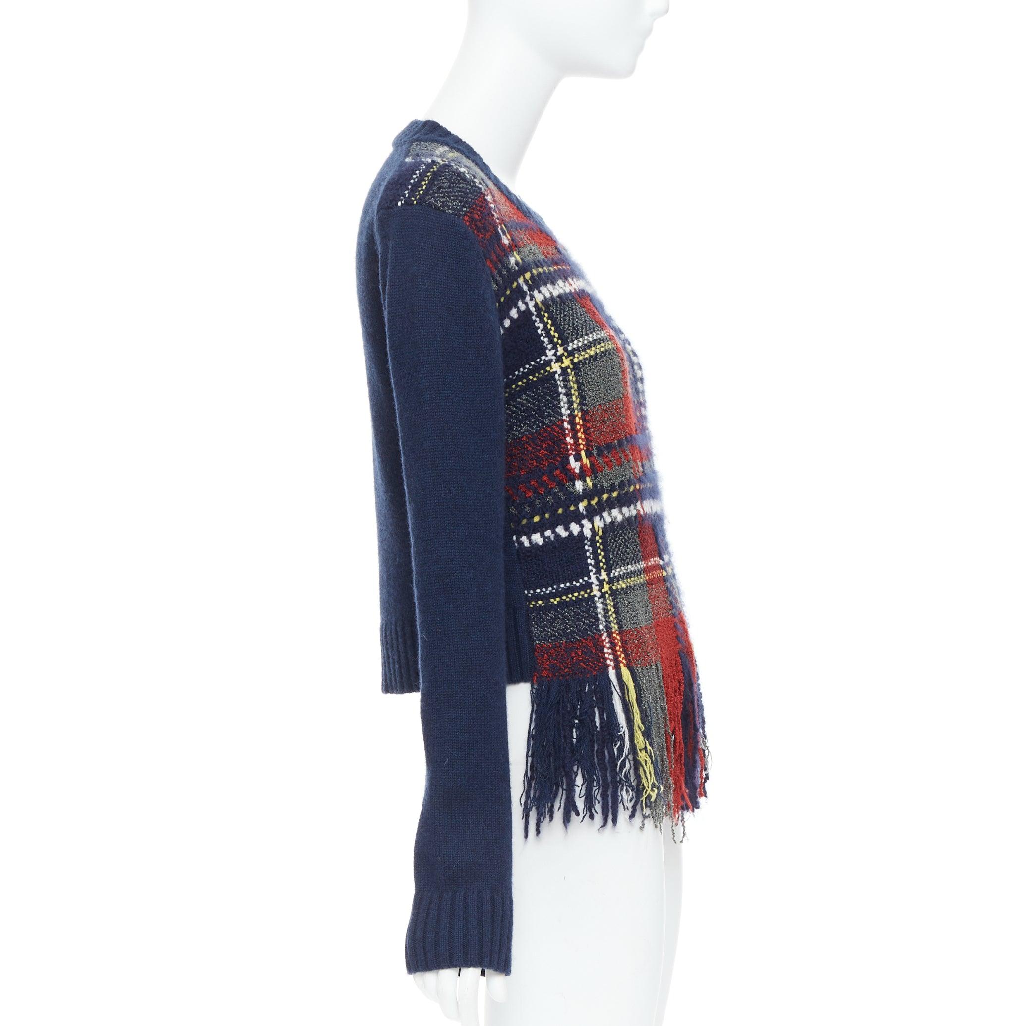 DIOR navy red plaid tartan cashmere silk fringe hem sweater FR36 S In Good Condition For Sale In Hong Kong, NT