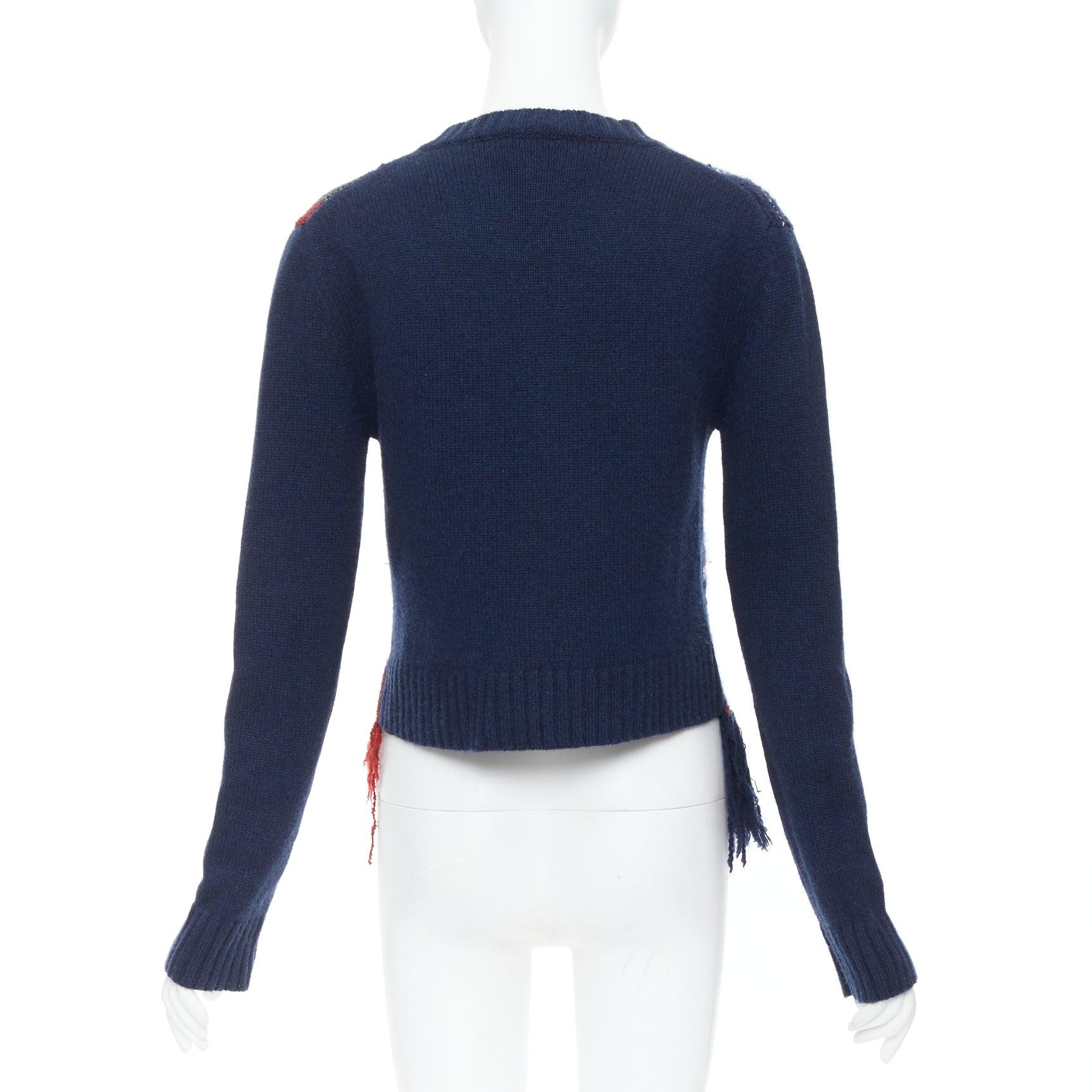 Women's DIOR navy red plaid tartan cashmere silk fringe hem sweater FR36 S For Sale