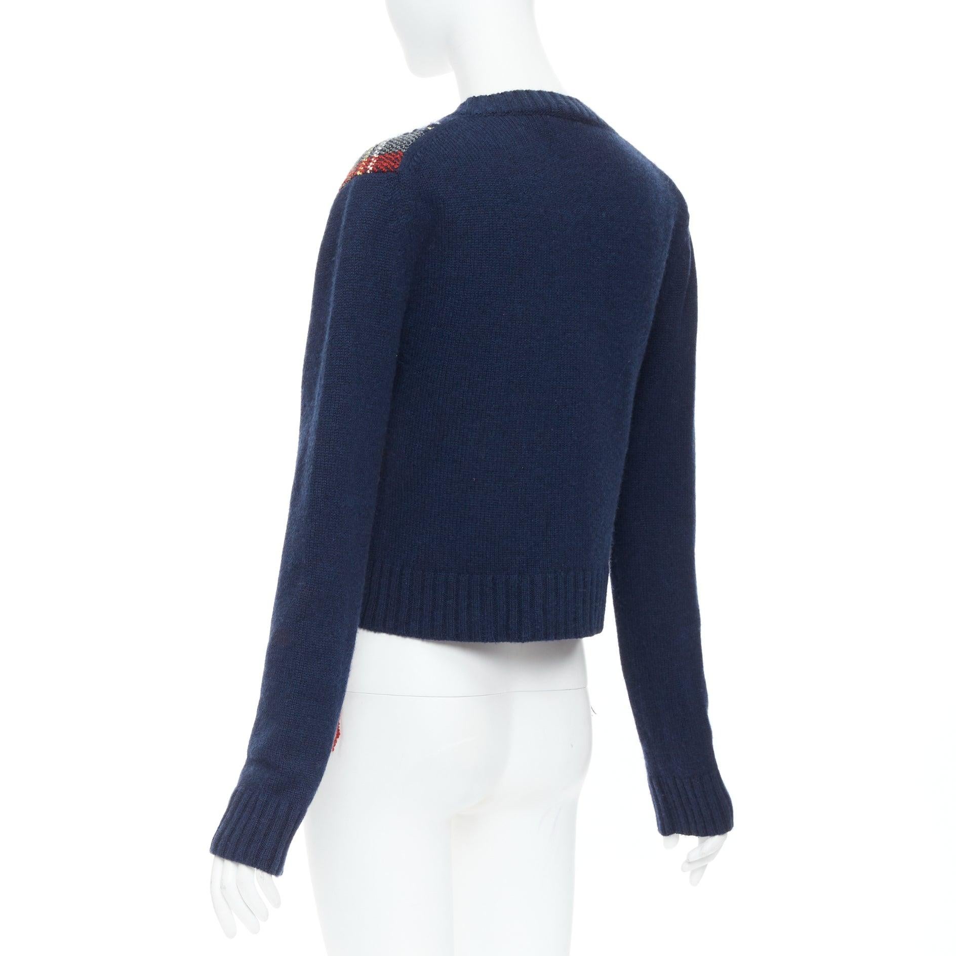 DIOR navy red plaid tartan cashmere silk fringe hem sweater FR36 S For Sale 1