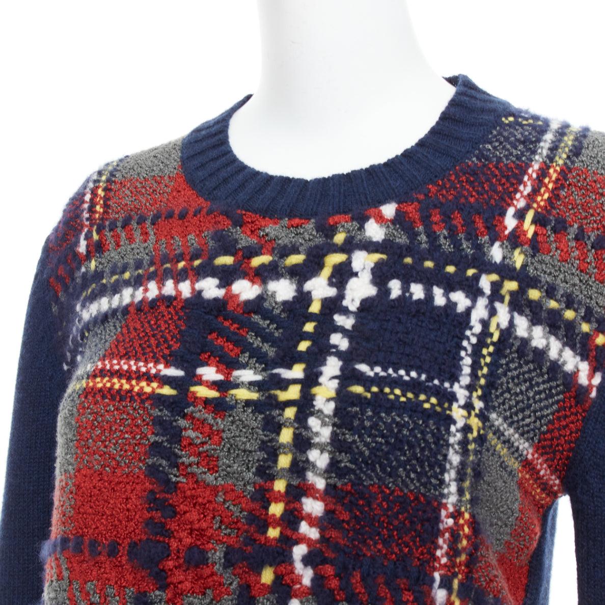 DIOR navy red plaid tartan cashmere silk fringe hem sweater FR36 S For Sale 2