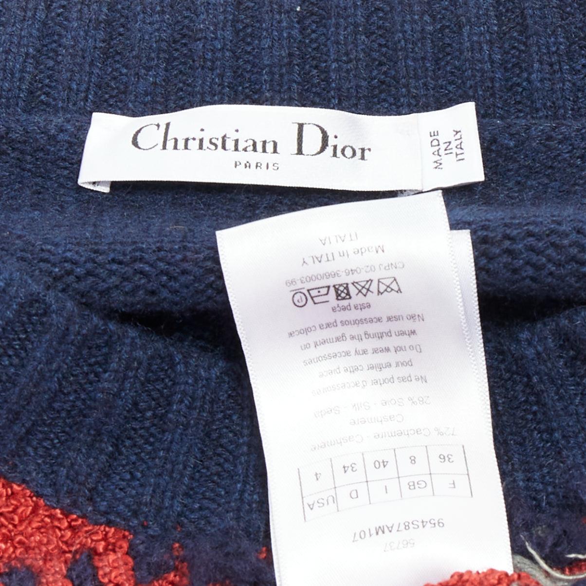 DIOR navy red plaid tartan cashmere silk fringe hem sweater FR36 S For Sale 3