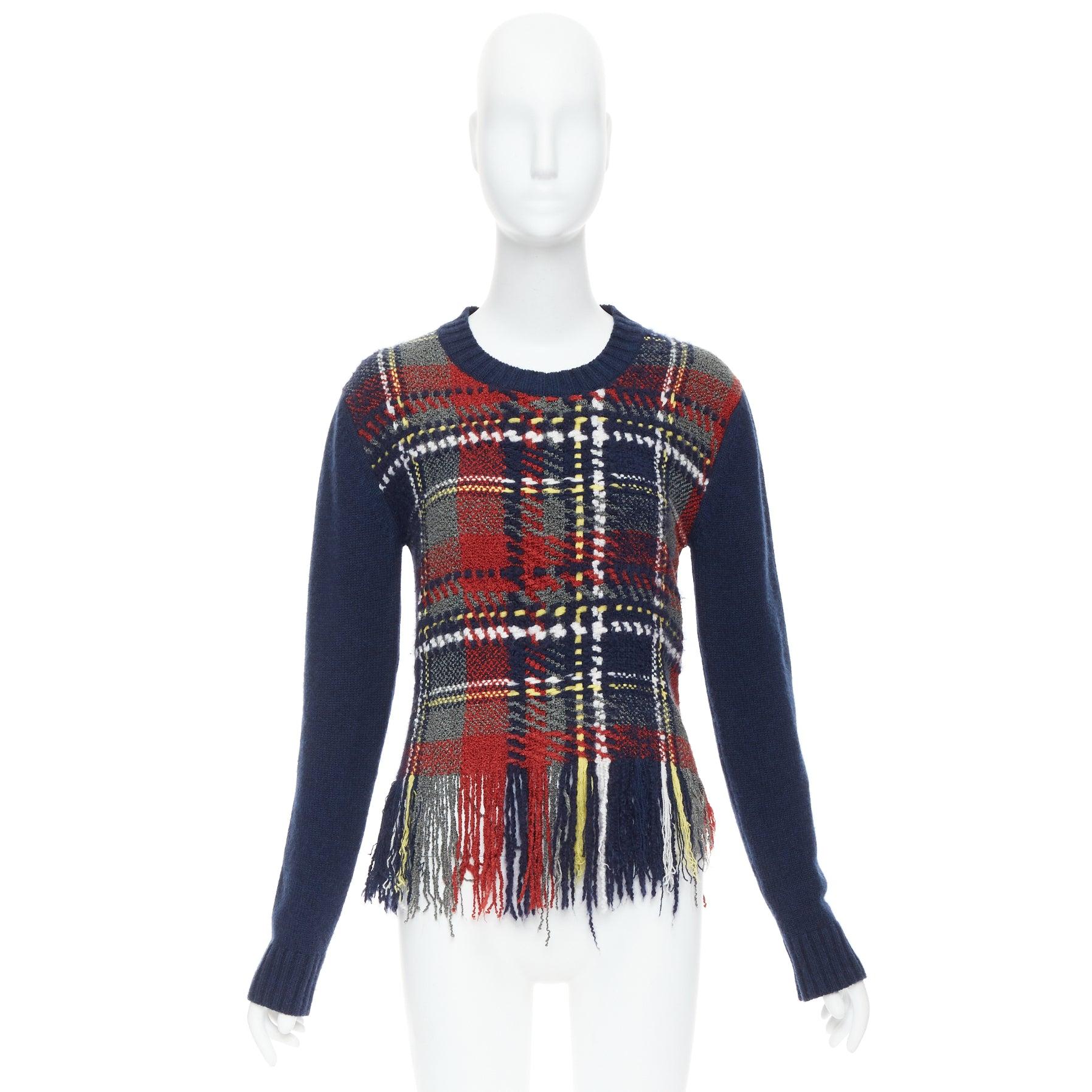 DIOR navy red plaid tartan cashmere silk fringe hem sweater FR36 S For Sale 4