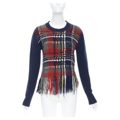 DIOR navy red plaid tartan cashmere silk fringe hem sweater FR36 S