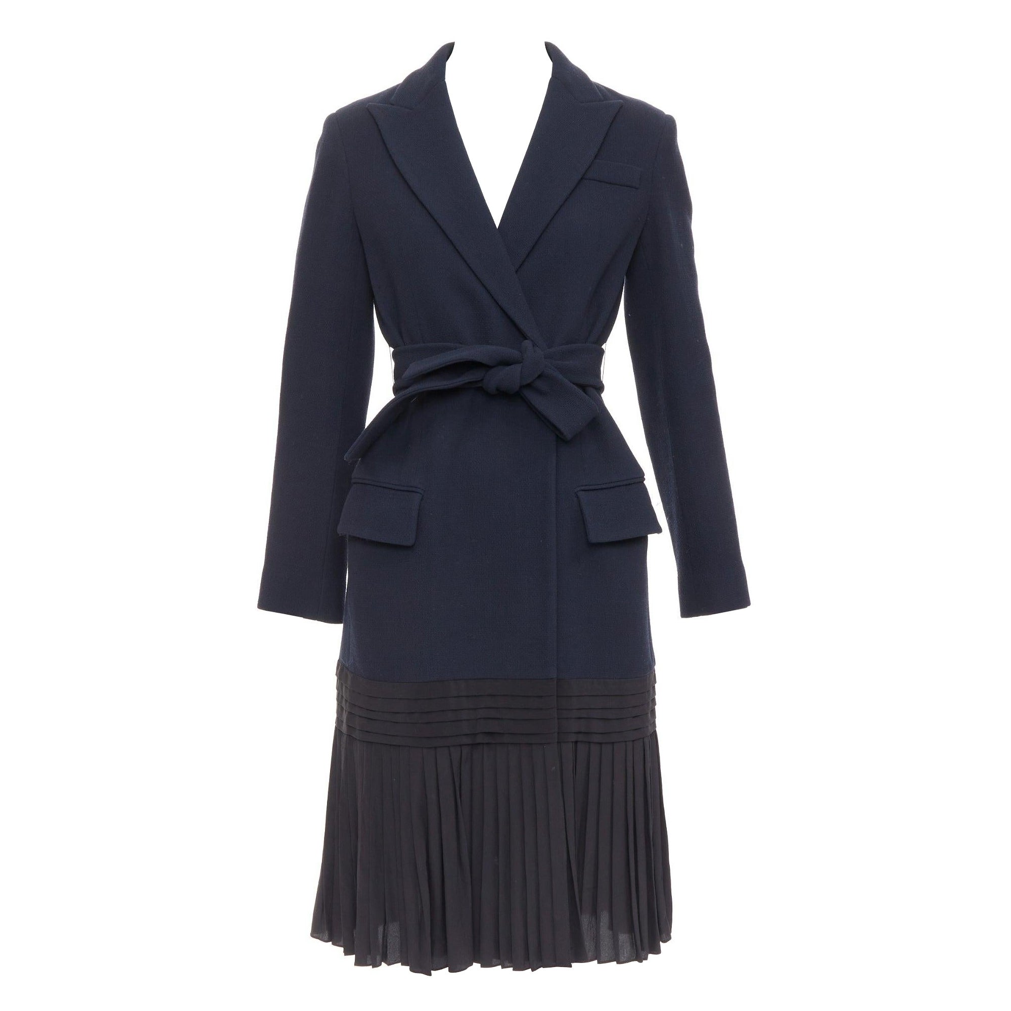 DIOR navy virgin wool silk lined pleated hem belted coat FR36 S