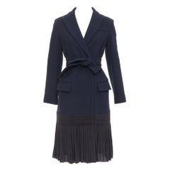 DIOR navy virgin wool silk lined pleated hem belted coat FR36 S