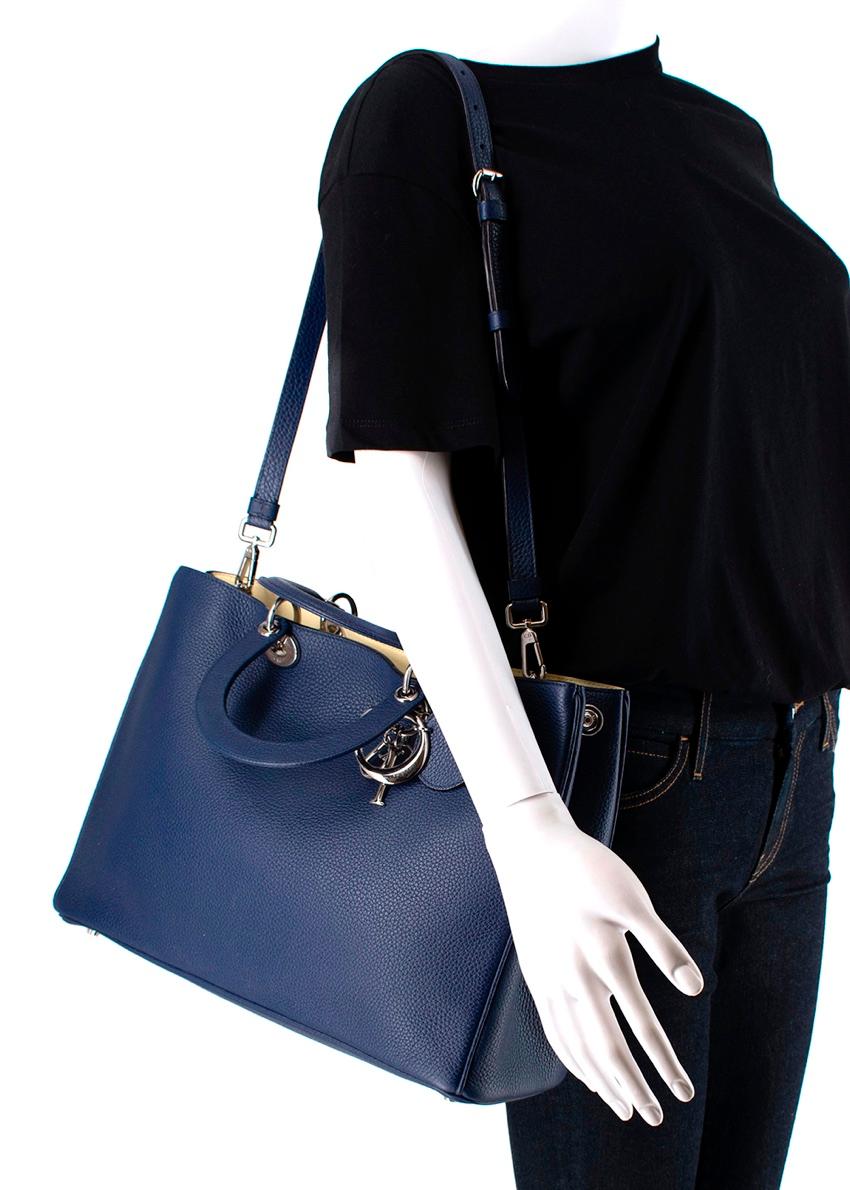 Dior Navy & Yellow Grained Leather Medium Diorissimo Tote Bag For Sale 2