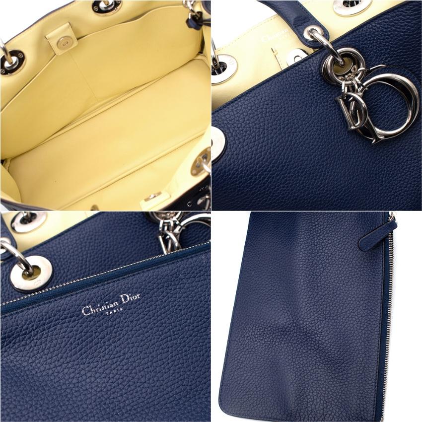 Dior Navy & Yellow Grained Leather Medium Diorissimo Tote Bag For Sale 4