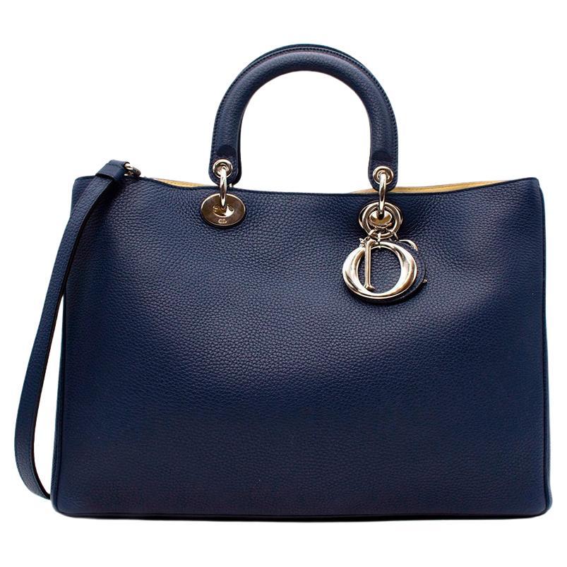 Dior Navy & Yellow Grained Leather Medium Diorissimo Tote Bag For Sale