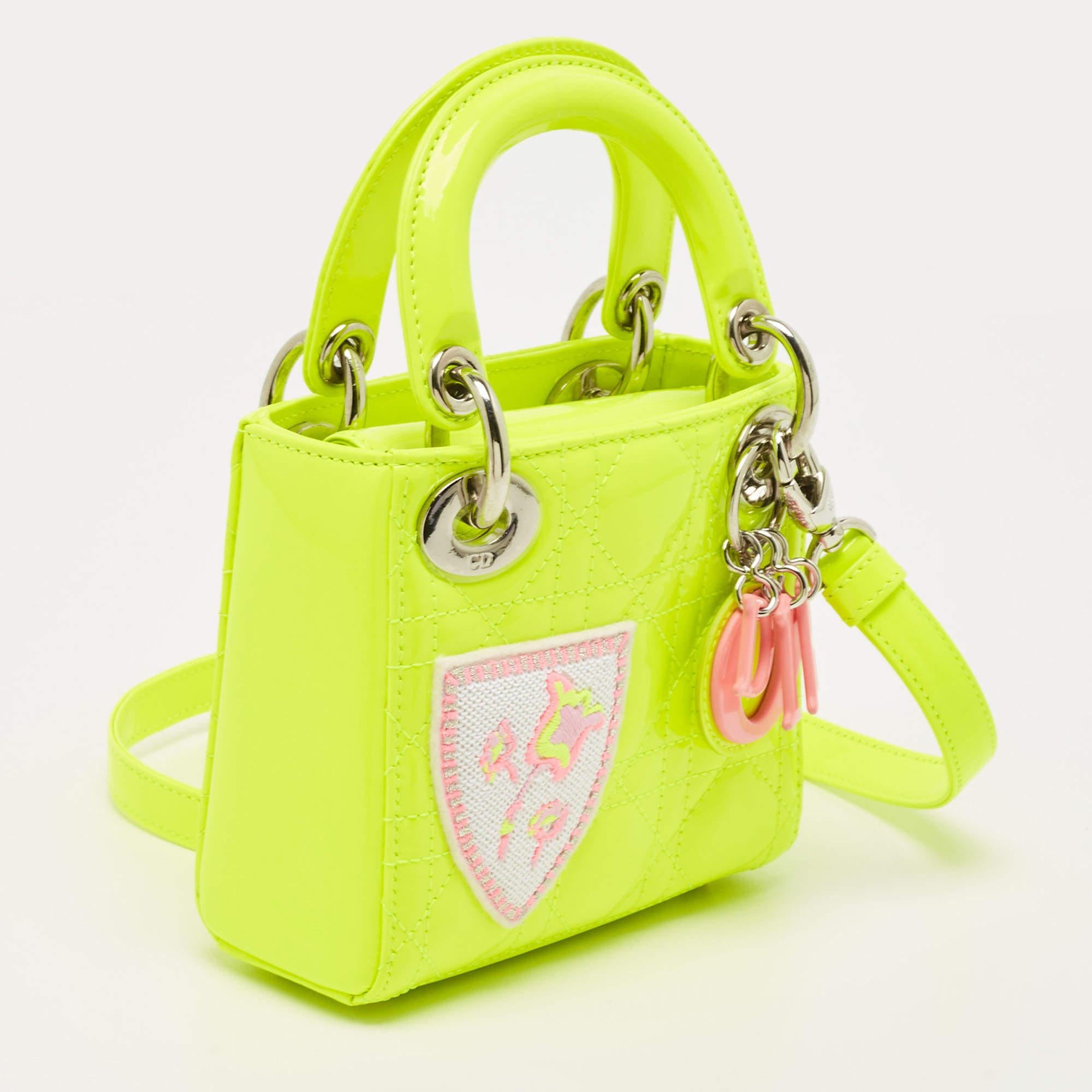 Dior Neon Green Patent Leather Embroidered Patches Mini Lady Dior Tote Bag 7