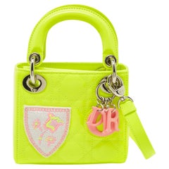 Used Dior Neon Green Patent Leather Embroidered Patches Mini Lady Dior Tote Bag