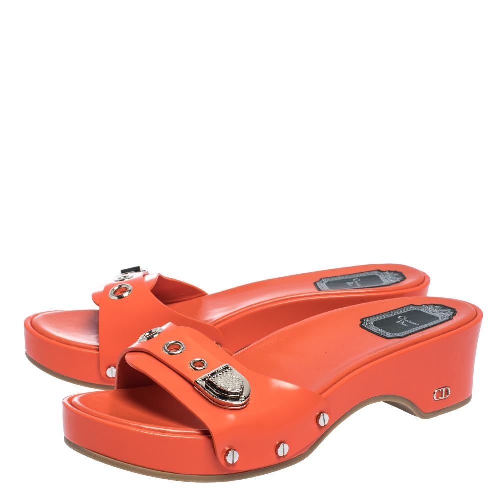 Women's Dior Neon Orange Leather Buckle Detail Platform Slide Sandals Size 37.5