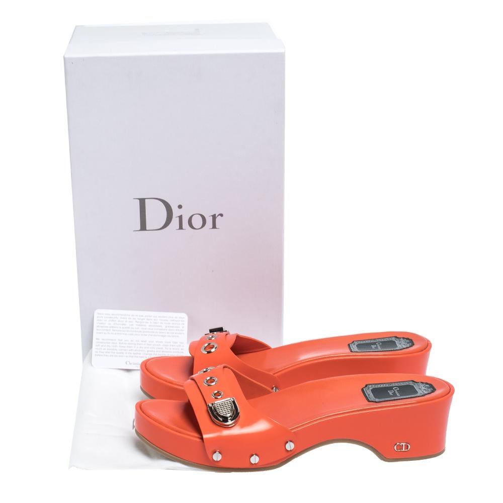 Dior Neon Orange Leather Buckle Detail Platform Slide Sandals Size 37.5 1