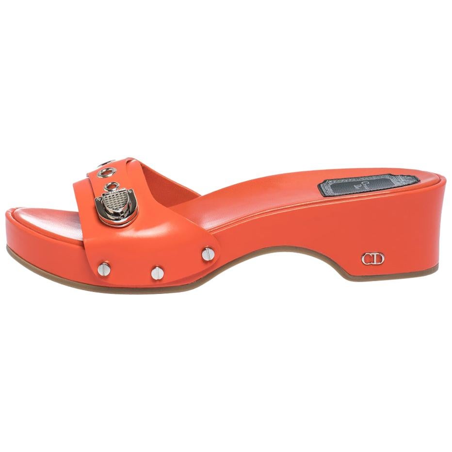 Dior Neon Orange Leather Buckle Detail Platform Slide Sandals Size 37.5