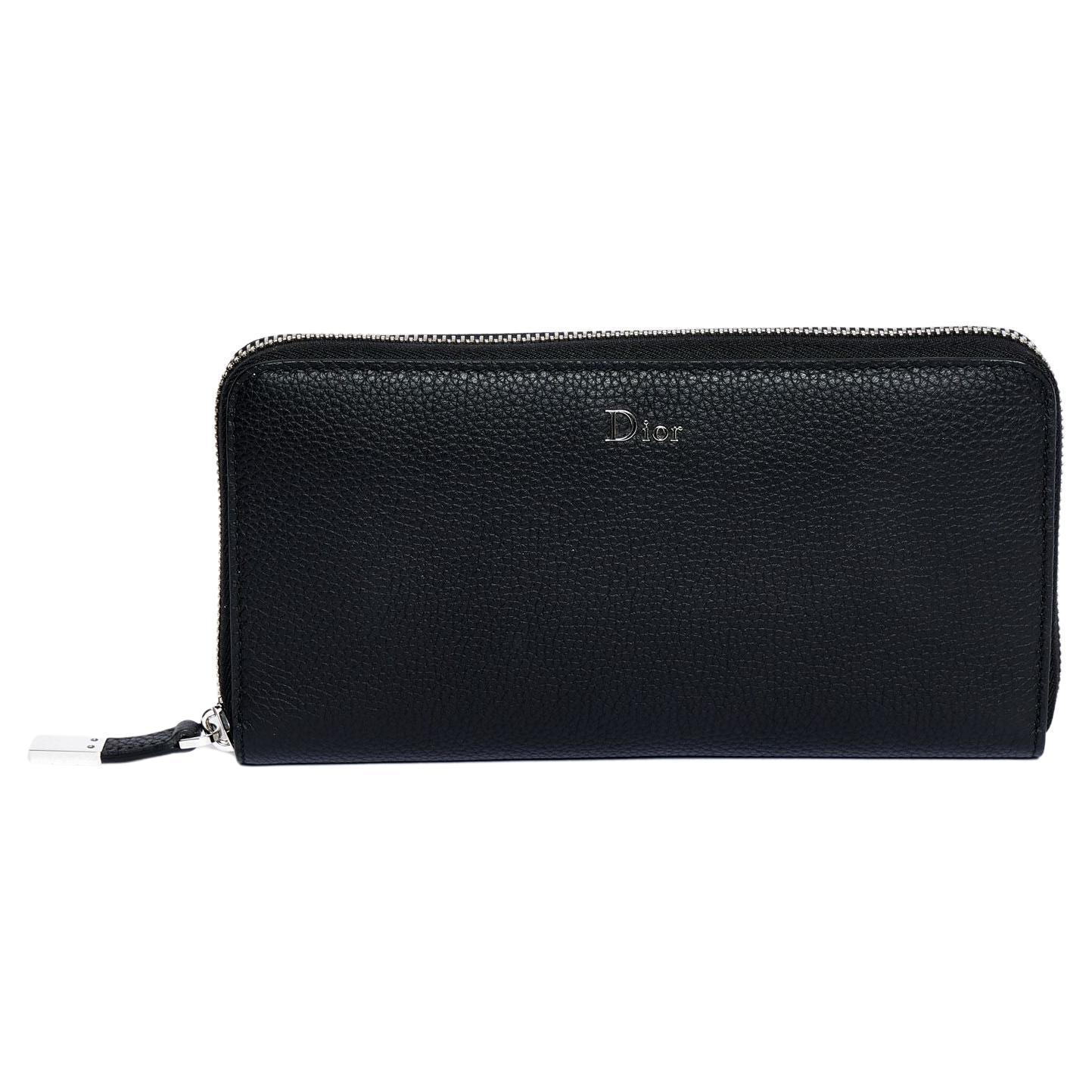 Dior New Black Leather Zip Around Wallet