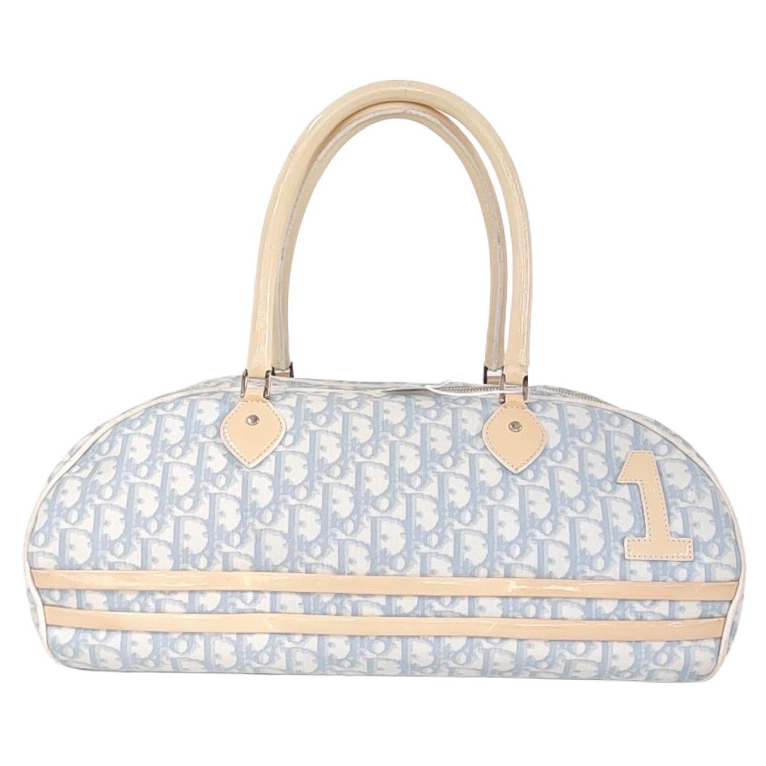 Dior Nr. 1 Rasta Trotter Bowlingtasche Blau Schrägsegeltuch Weißes Lackleder