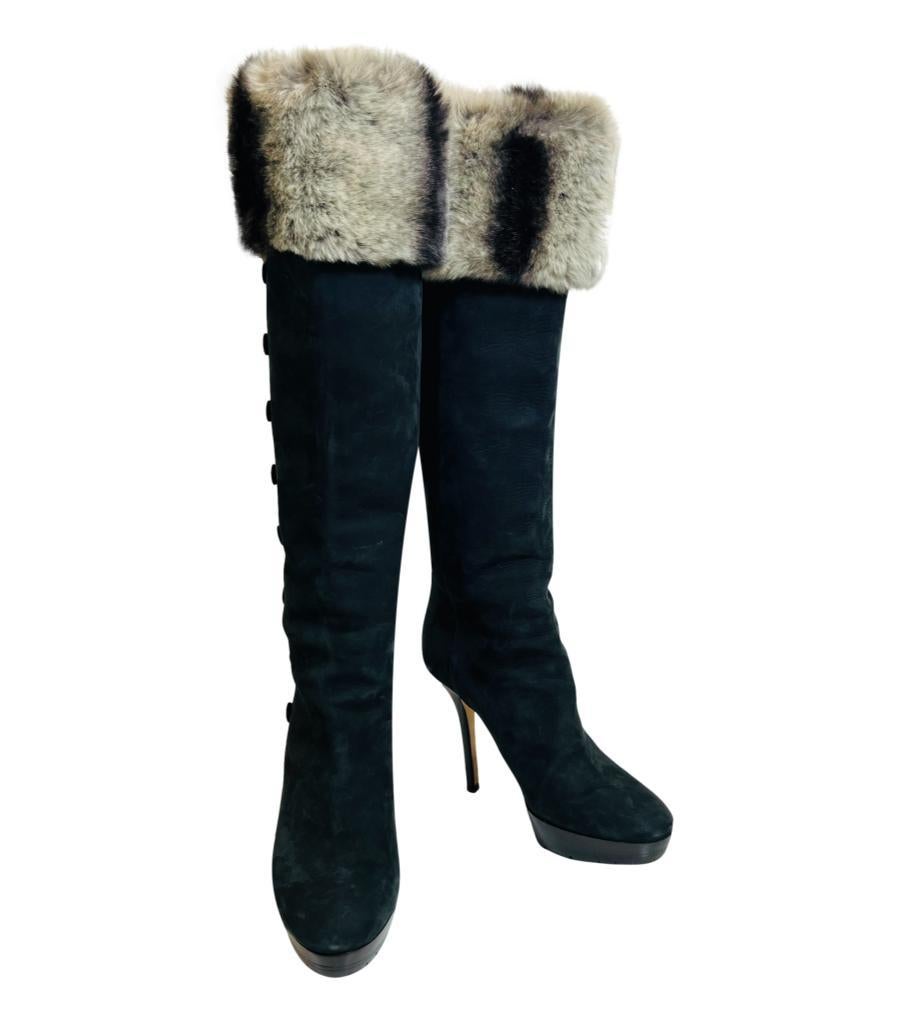 Dior Nubuck Leather & Rex Rabbit Fur Trimmed Knee-High Boots In Good Condition In London, GB