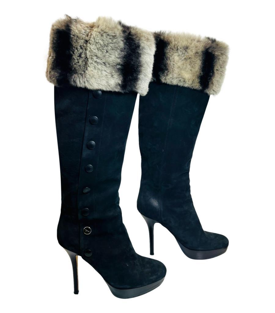 Women's Dior Nubuck Leather & Rex Rabbit Fur Trimmed Knee-High Boots