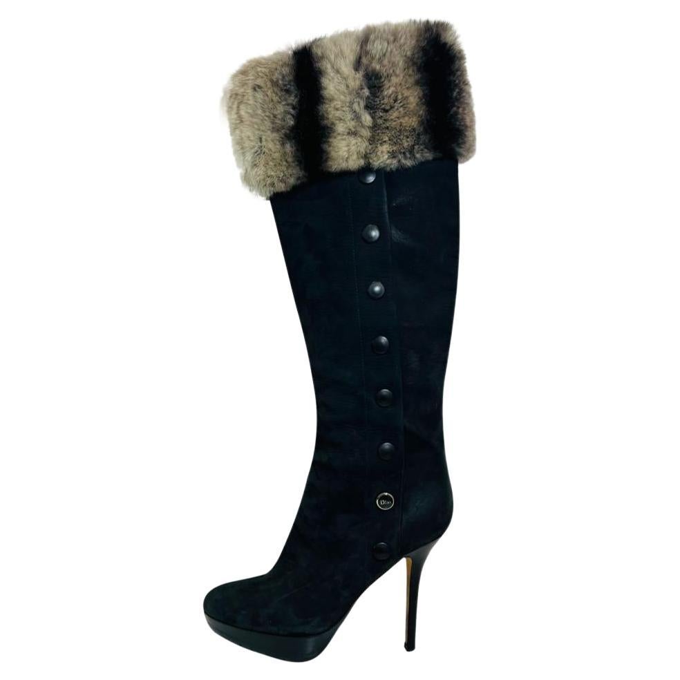 Dior Nubuck Leather & Rex Rabbit Fur Trimmed Knee-High Boots