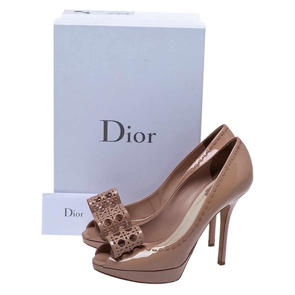 Dior Nude Beige Patent Leather Cannage Bow Peep Toe Pumps Size 39 1