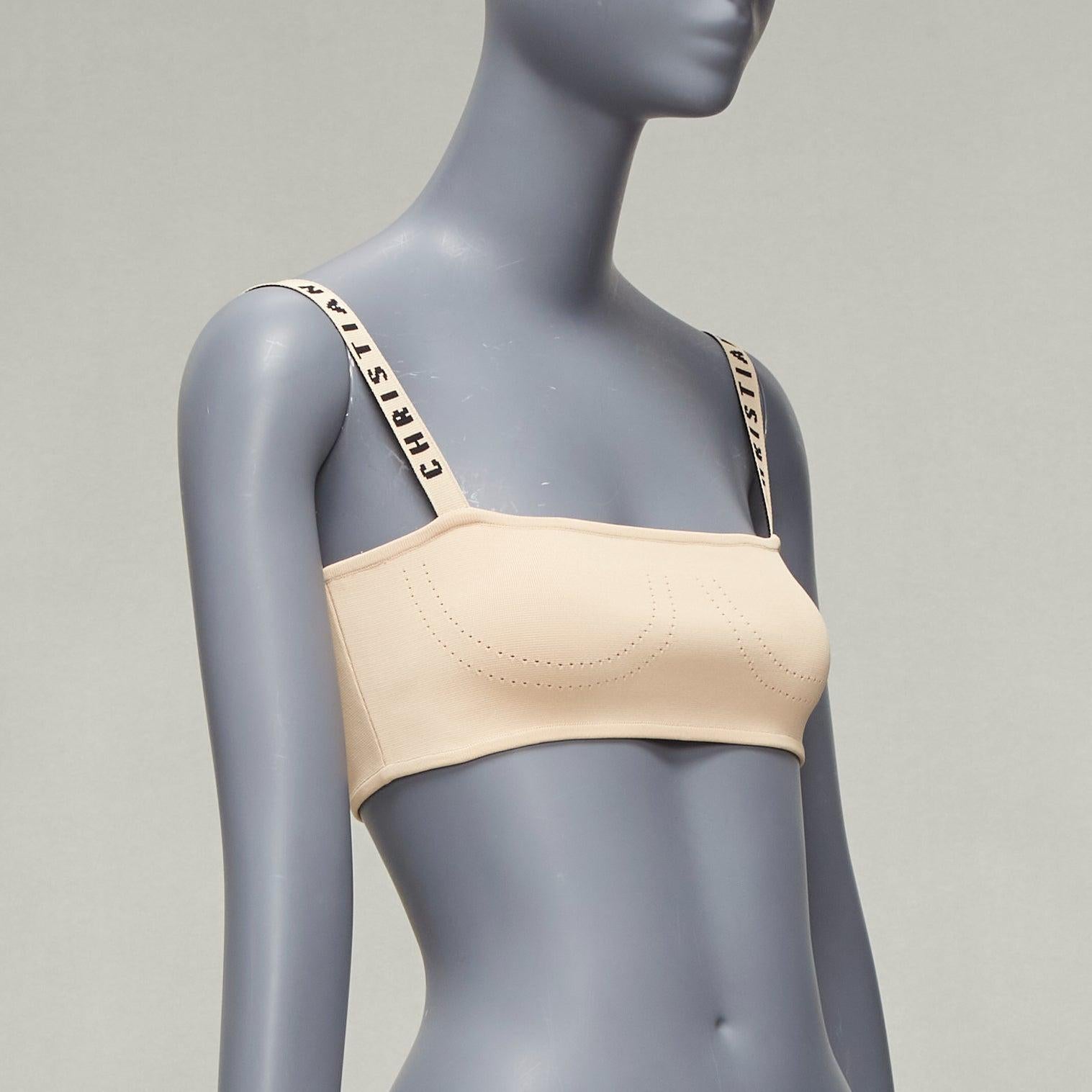 DIOR nude J'adior logo strap pointelle stretch viscose tube bralette crop top S In Excellent Condition For Sale In Hong Kong, NT