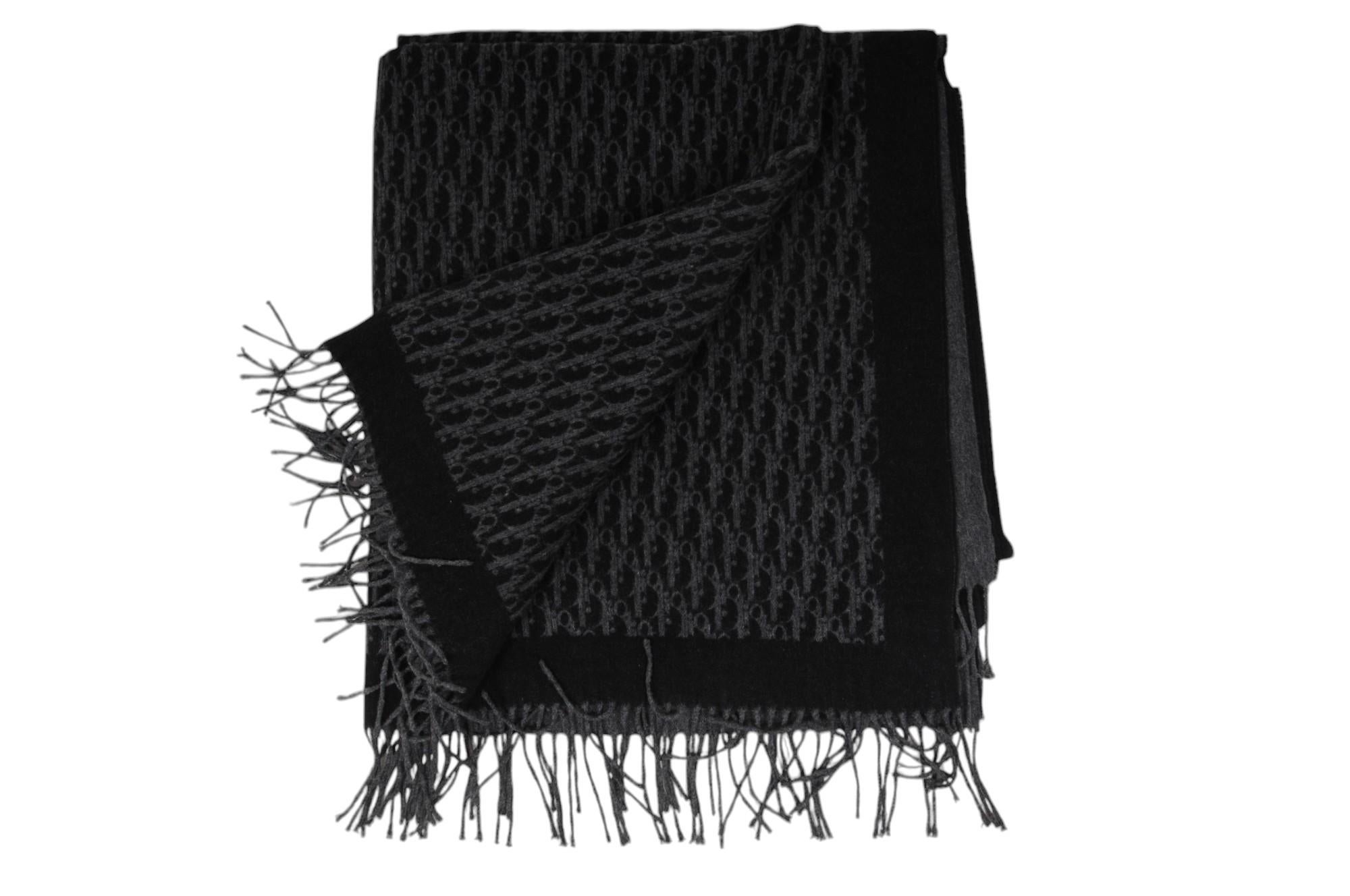 Bufanda con flecos y logotipo oblicuo Dior 59 x 68 Chal de seda gris grande en venta 1