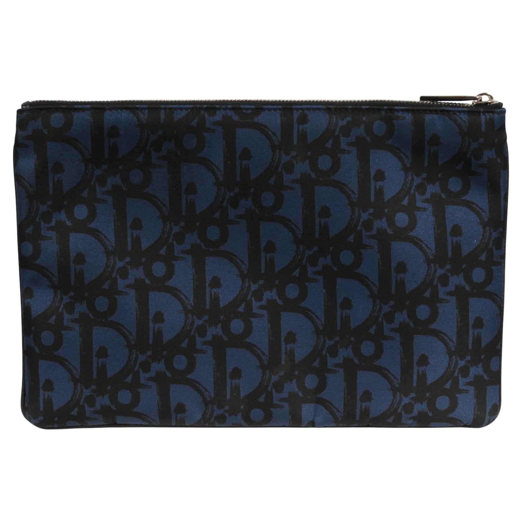 Dior Oblique Logo Pouch Blue Black Nylon Travel Zip Folder File Wallet Holder