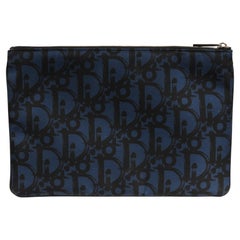 Dior Oblique Logo Pouch Blu Nero Nylon Travel Zip Folder File Wallet Holder