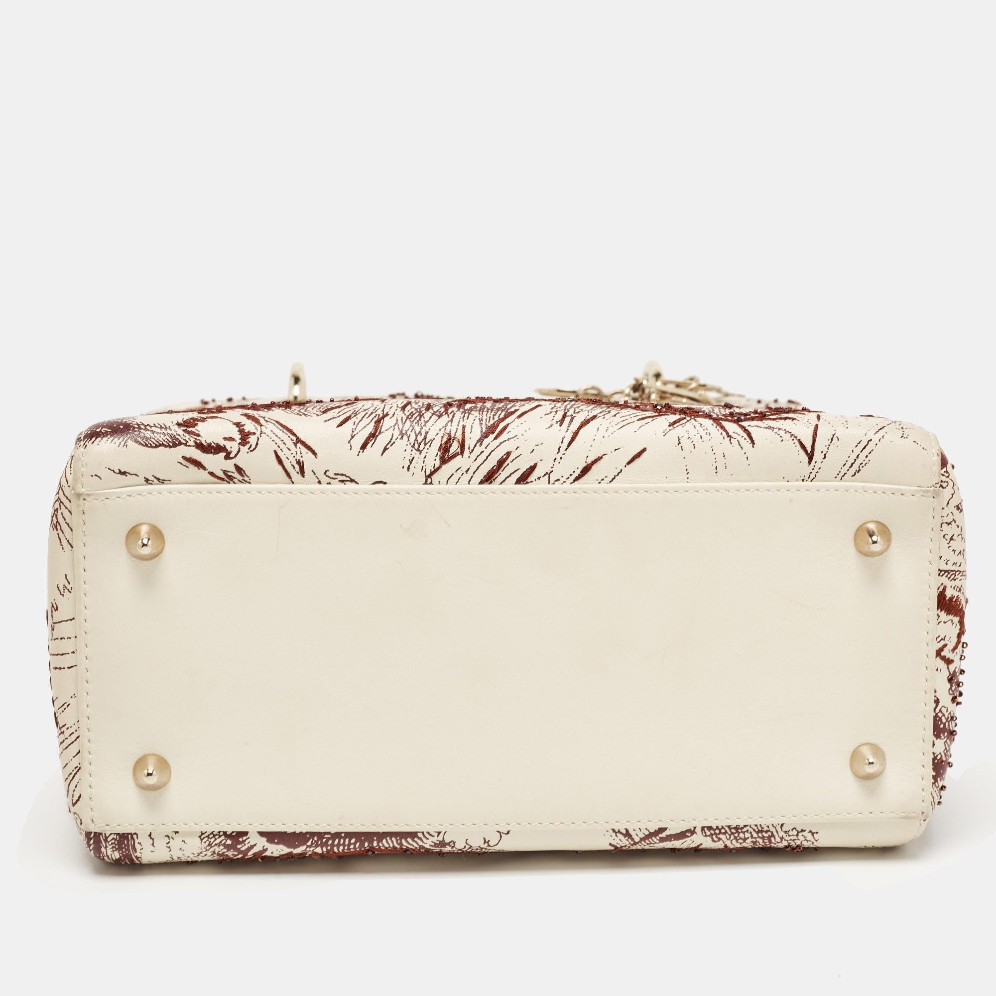 Dior Off White/Burgundy Leather Medium Toile de Jouy Lady Dior Tote 7