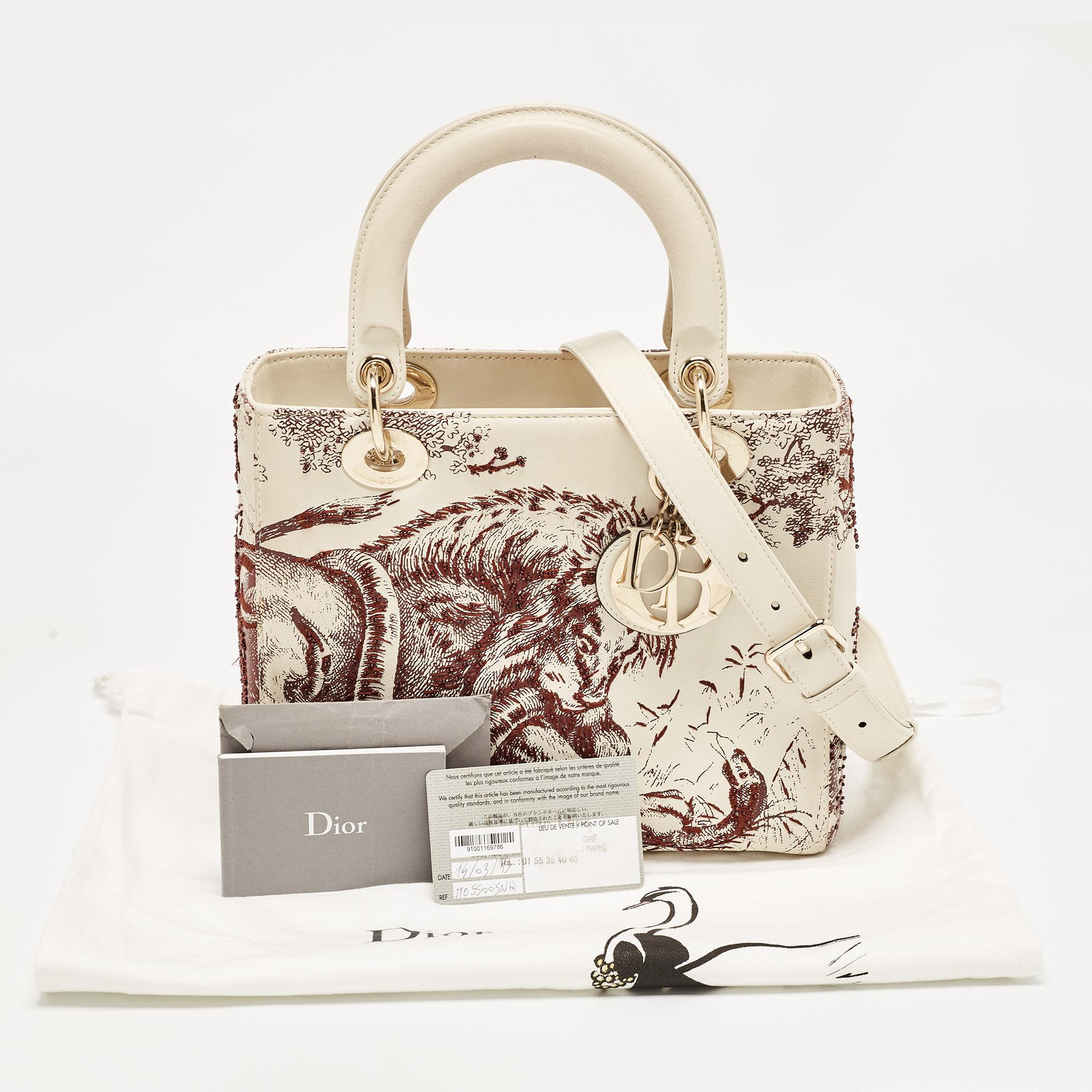 Dior Off White/Burgundy Leather Medium Toile de Jouy Lady Dior Tote For Sale 13