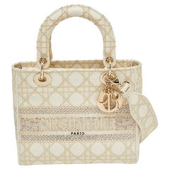 Dior Off White/Gold Embroidered Canvas Medium Lady D-Lite Tote