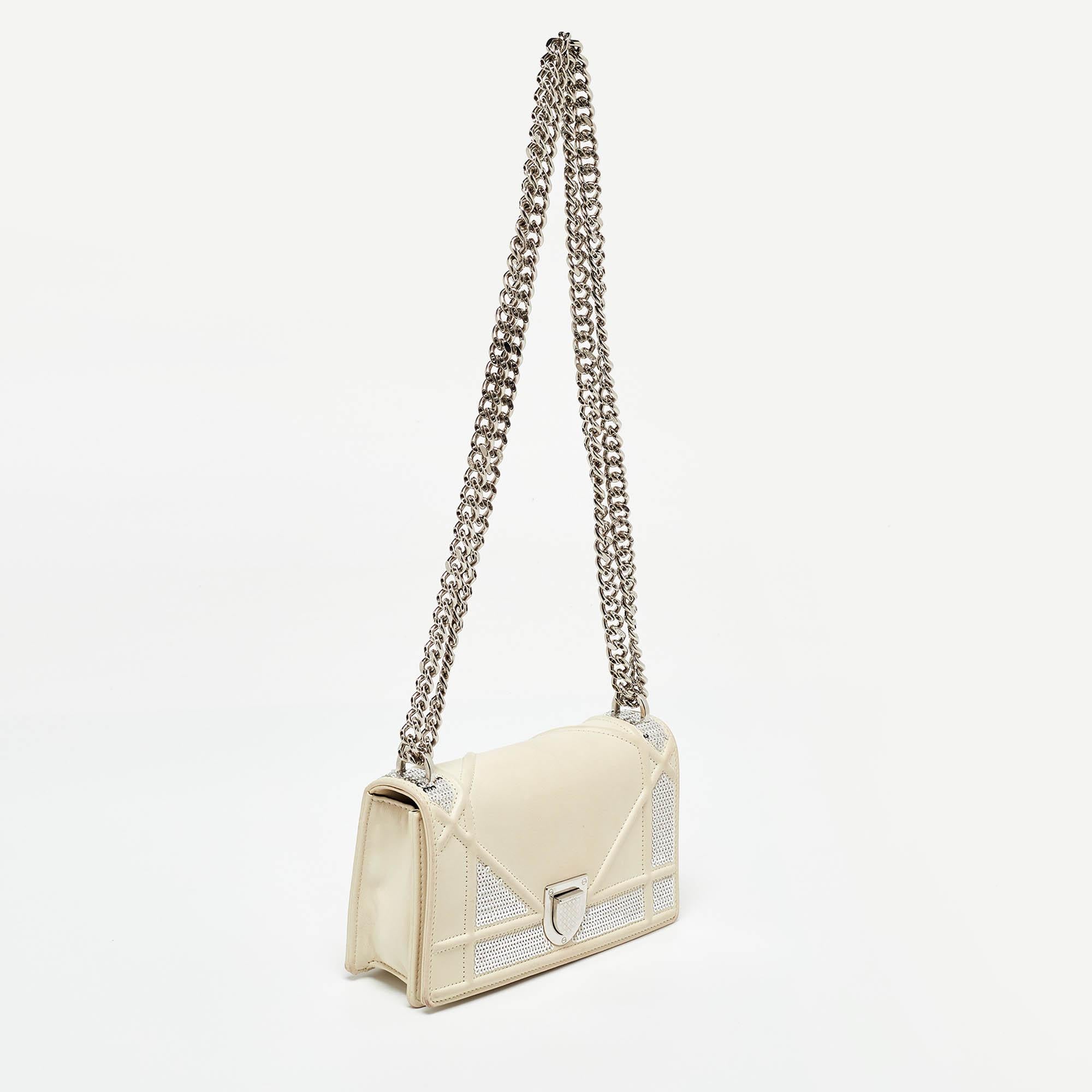 Dior Off White Leather and Sequin Mini Diorama Flap Bag In Fair Condition In Dubai, Al Qouz 2