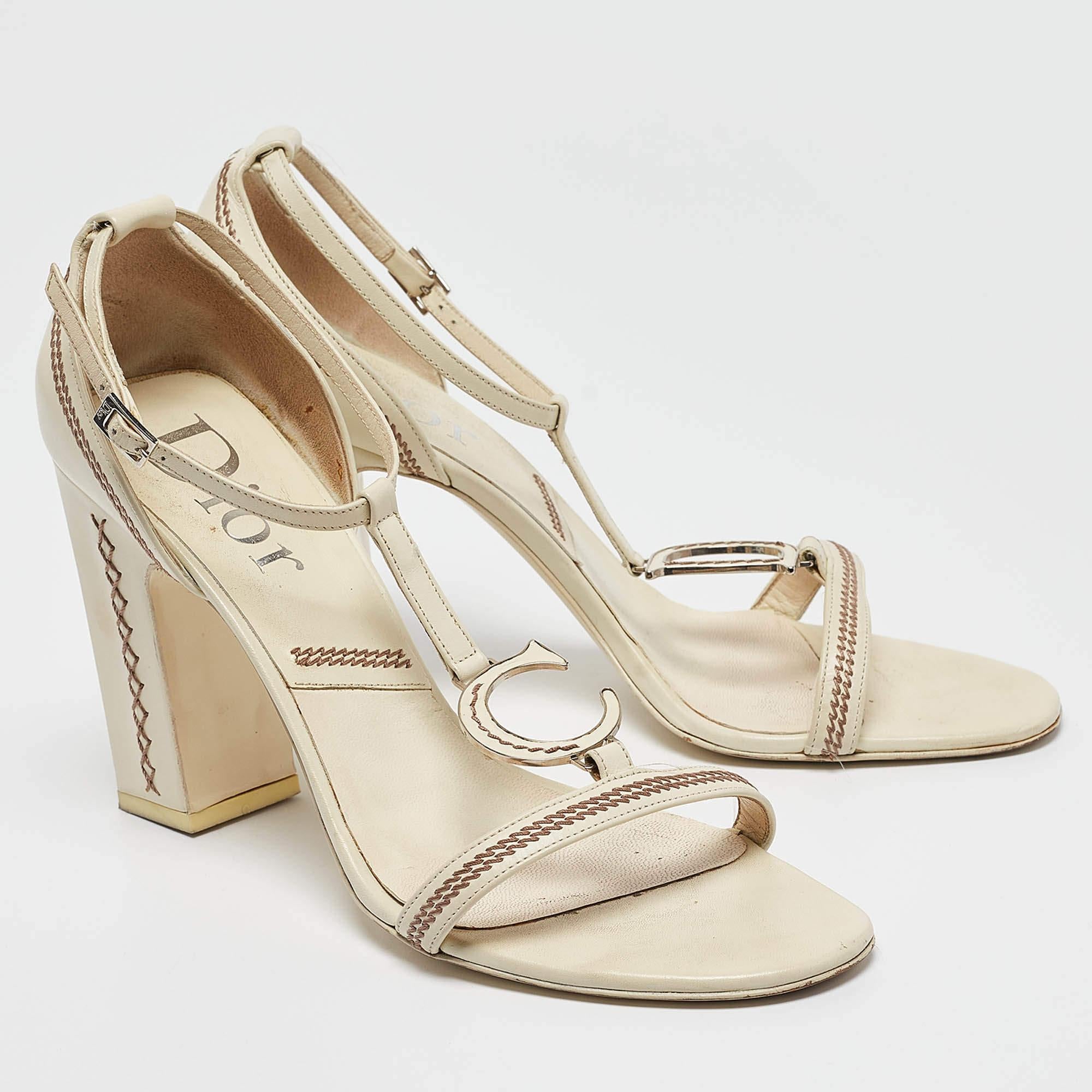 Women's Dior Off White Leather T-Bar Ankle Strap Sandals Size 40