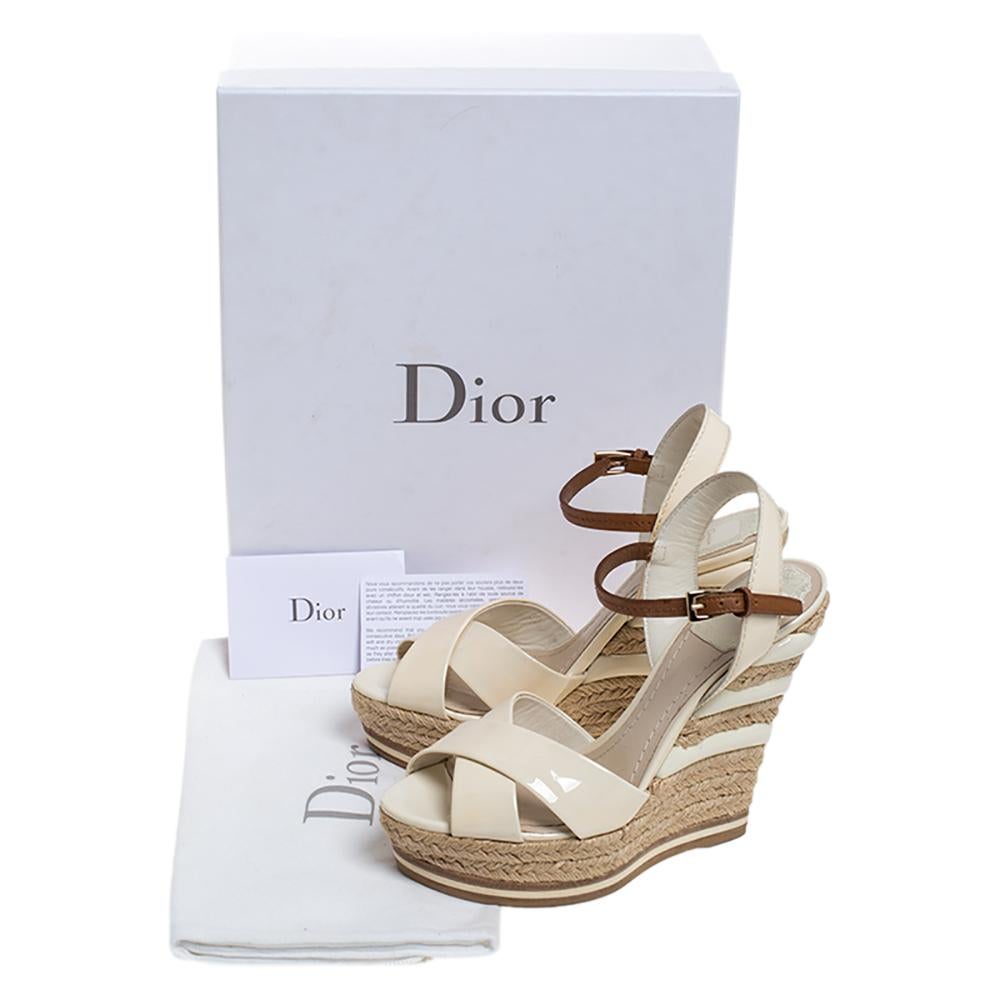 Dior Off White Patent Leather Cross Strap Espadrilles Ankle Strap Wedges Size 36 1