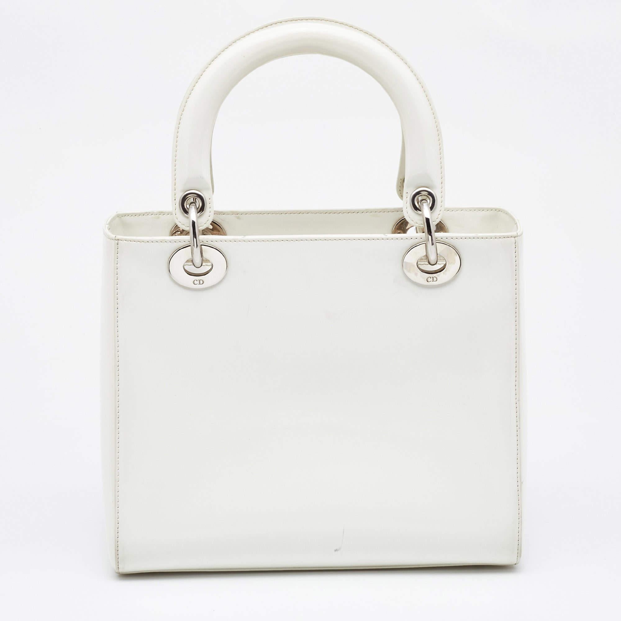 Dior Off White Patent Leather Medium Vintage Lady Dior Tote For Sale 9