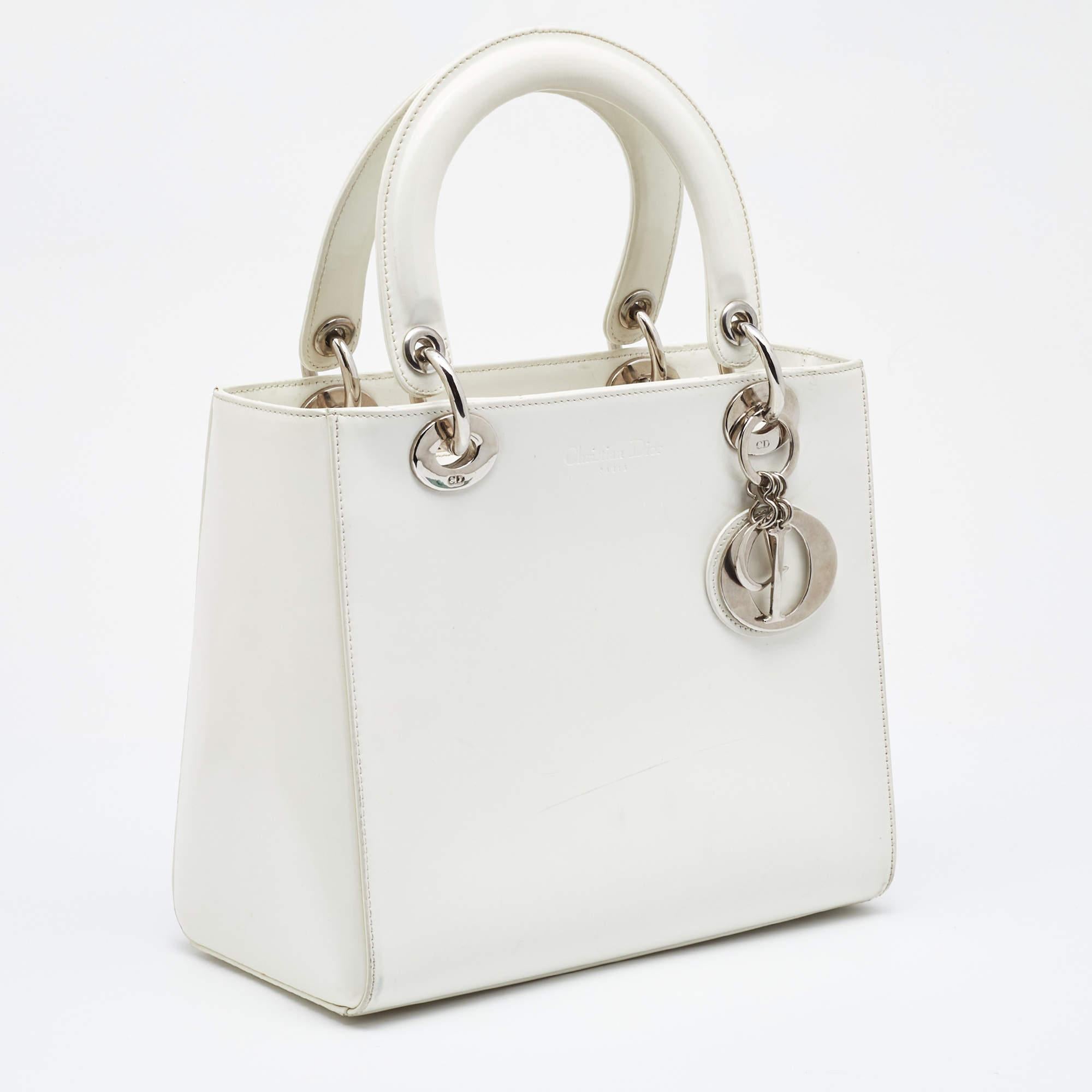Gray Dior Off White Patent Leather Medium Vintage Lady Dior Tote For Sale
