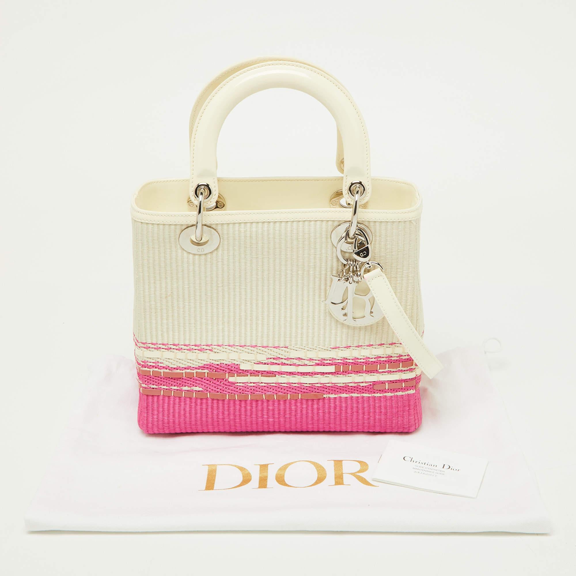 Dior Off White/Pink Raffia and Patent Leather Medium Lady Dior Tote 11