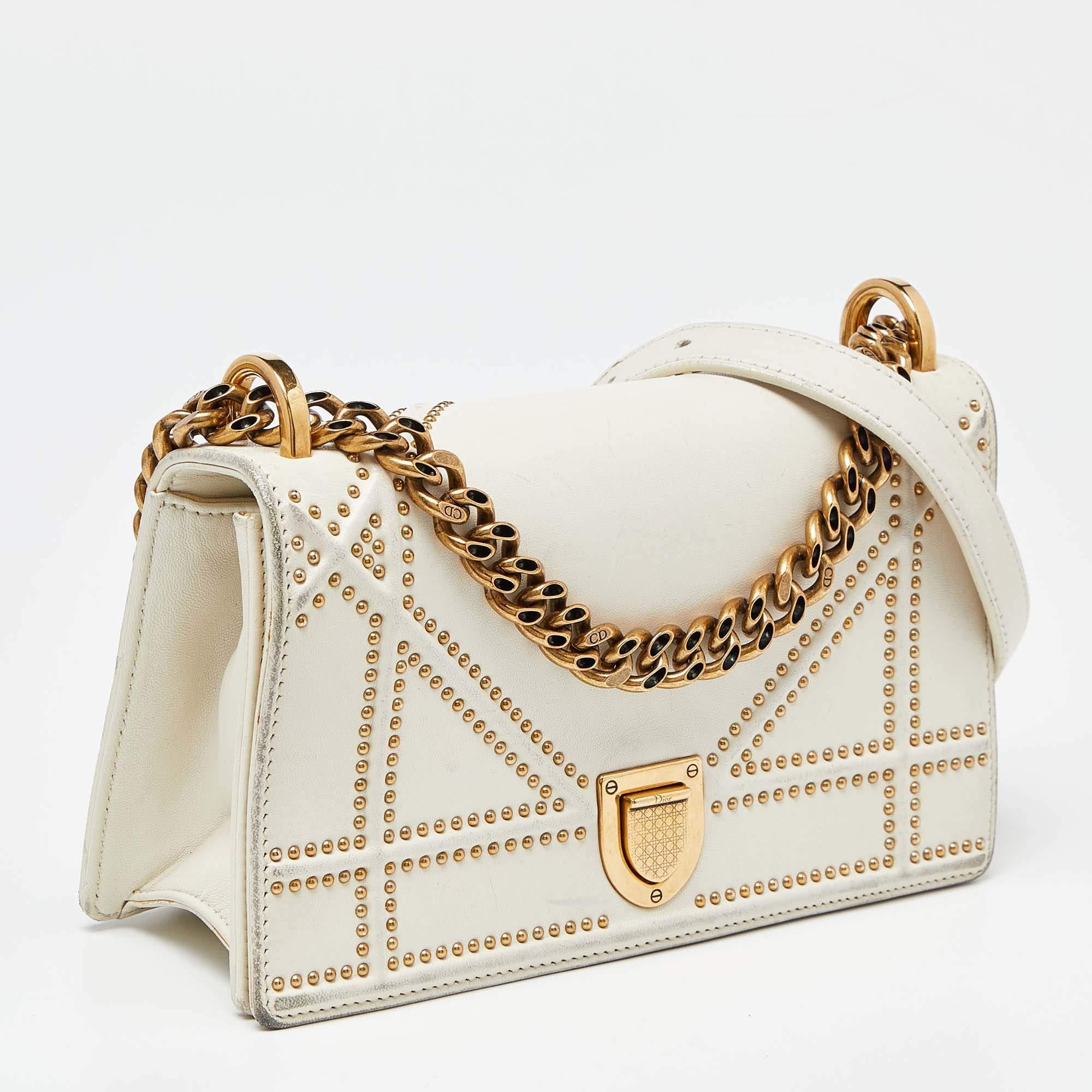 Women's Dior Off White Studded Leather Small Diorama Shoulder Bag For Sale