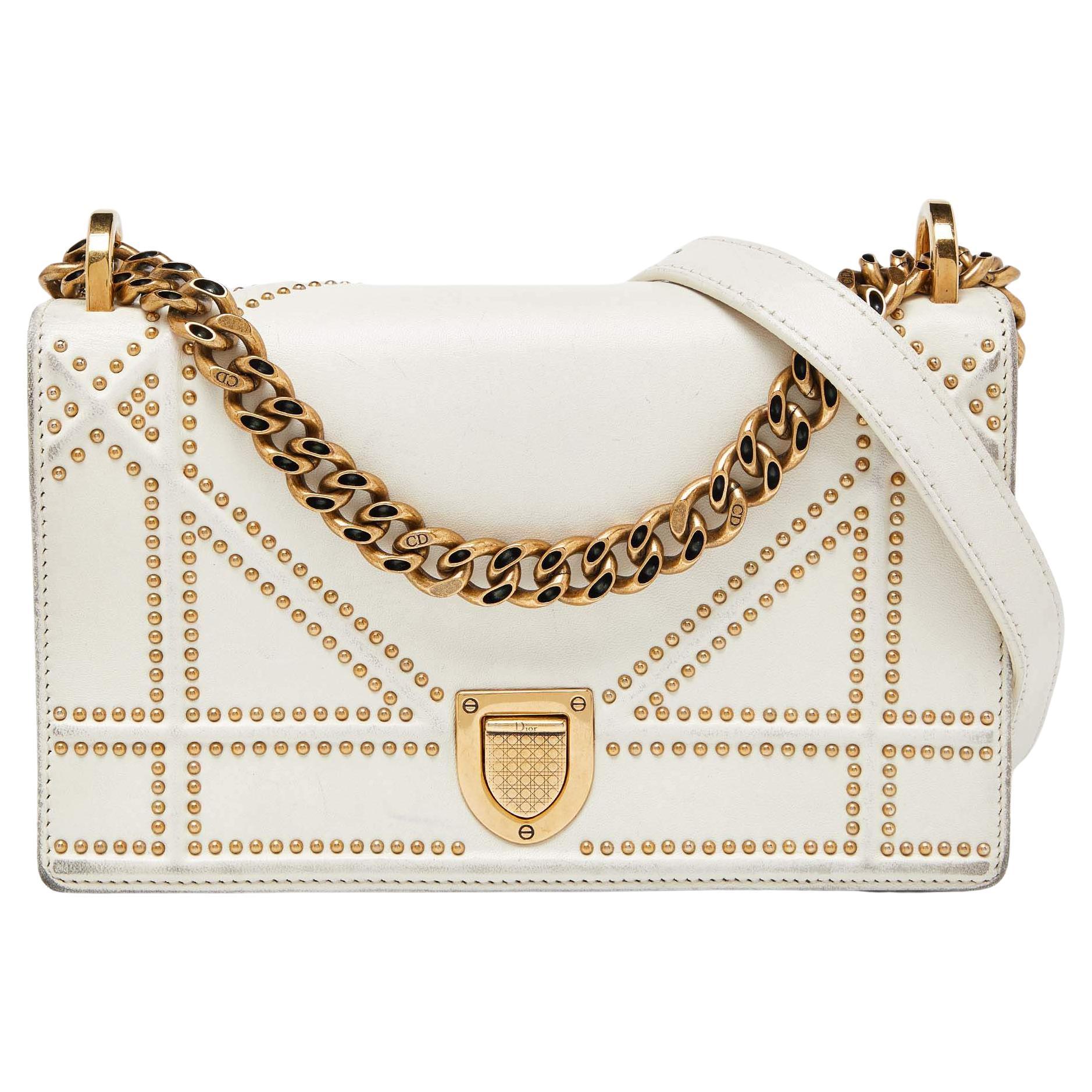 Dior Off White Studded Leather Small Diorama Shoulder Bag For Sale