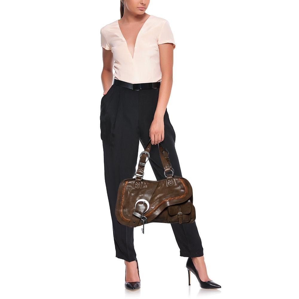Brown Dior Olive Green Leather Double Saddle Shoulder Bag