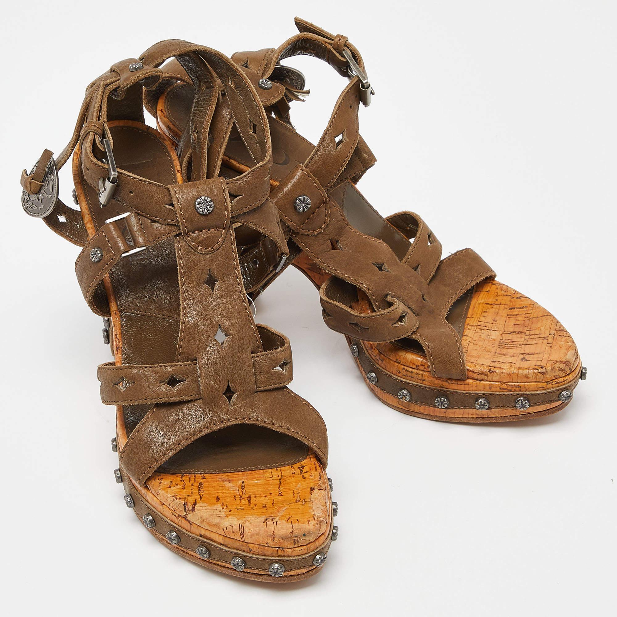 Dior Olive Green Leather Studded Cork Wedge Ankle Strap Sandals Size 37 In Good Condition In Dubai, Al Qouz 2