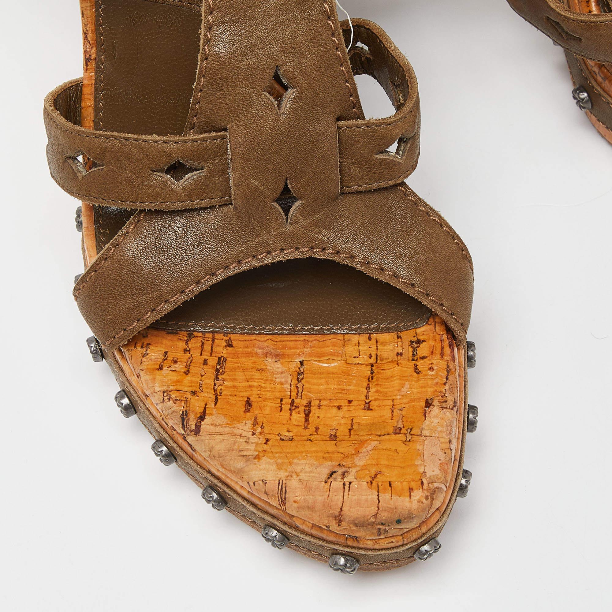 Dior Olive Green Leather Studded Cork Wedge Ankle Strap Sandals Size 37 2